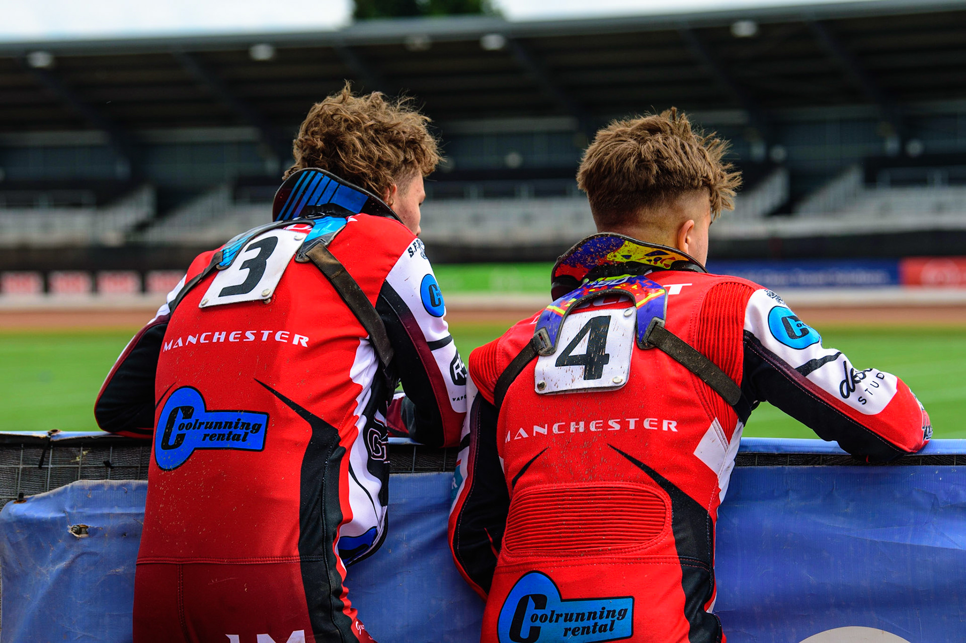 MANCHESTER, UK.  JUN 3RD Harry McGurk  (left) and Nathan Ablitt watch the track prep  during the National Development League match between Belle Vue Colts and Oxford Chargers at the National Speedway Stadium, Manchester on Friday 3rd June 2022. (Credit: Ian Charles | MI News)