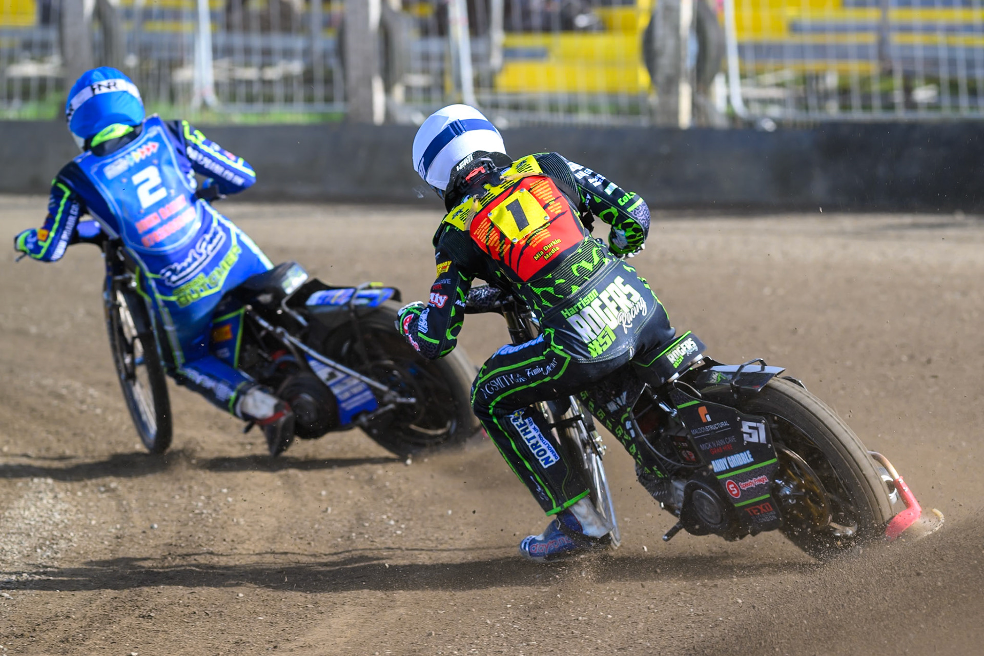 Harrison Rogers, Guest rider for Leicester Lion Cubs in White chases Arran Butcher of Buxton Bulls   in Blue during the WSRA National Development League match between Buxton Bulls and Leicester Lion Cubs at Hi-Edge Speedway, Buxton on Sunday 4th October 2026. (Photo: Ian Charles | MI News)