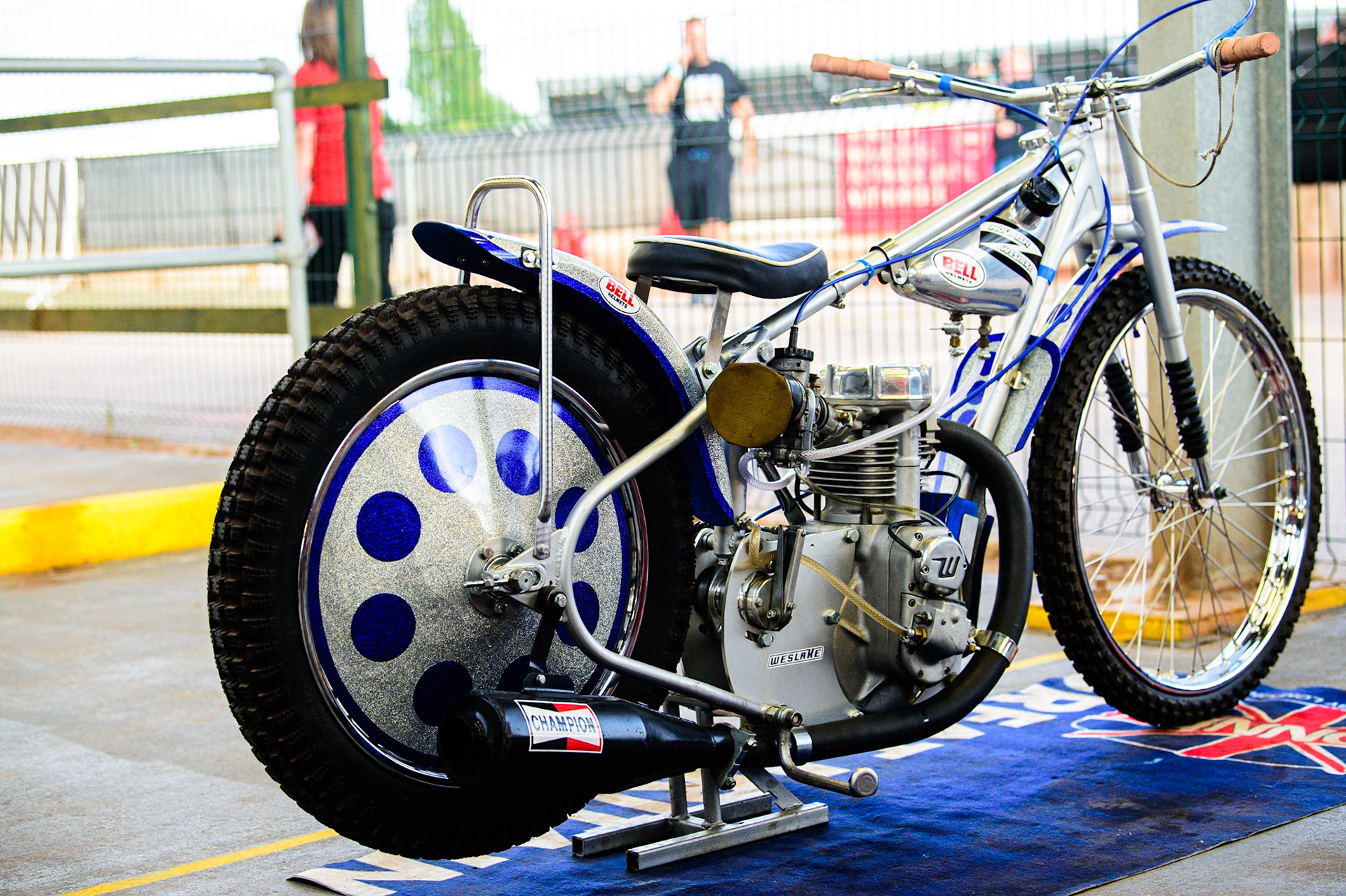The fully restored Weslake Speedway bike originally ridden by Belle Vue’ Aces’ rider, the late Chris Pusey. It has been restored by his brother Geoff who also rode for Belle Vue in the 1970s., during the National Development League match between Belle Vue Aces and Leicester Lions at the National Speedway Stadium, Manchester on Friday 19th August 2022. (Credit: Ian Charles | MI News)