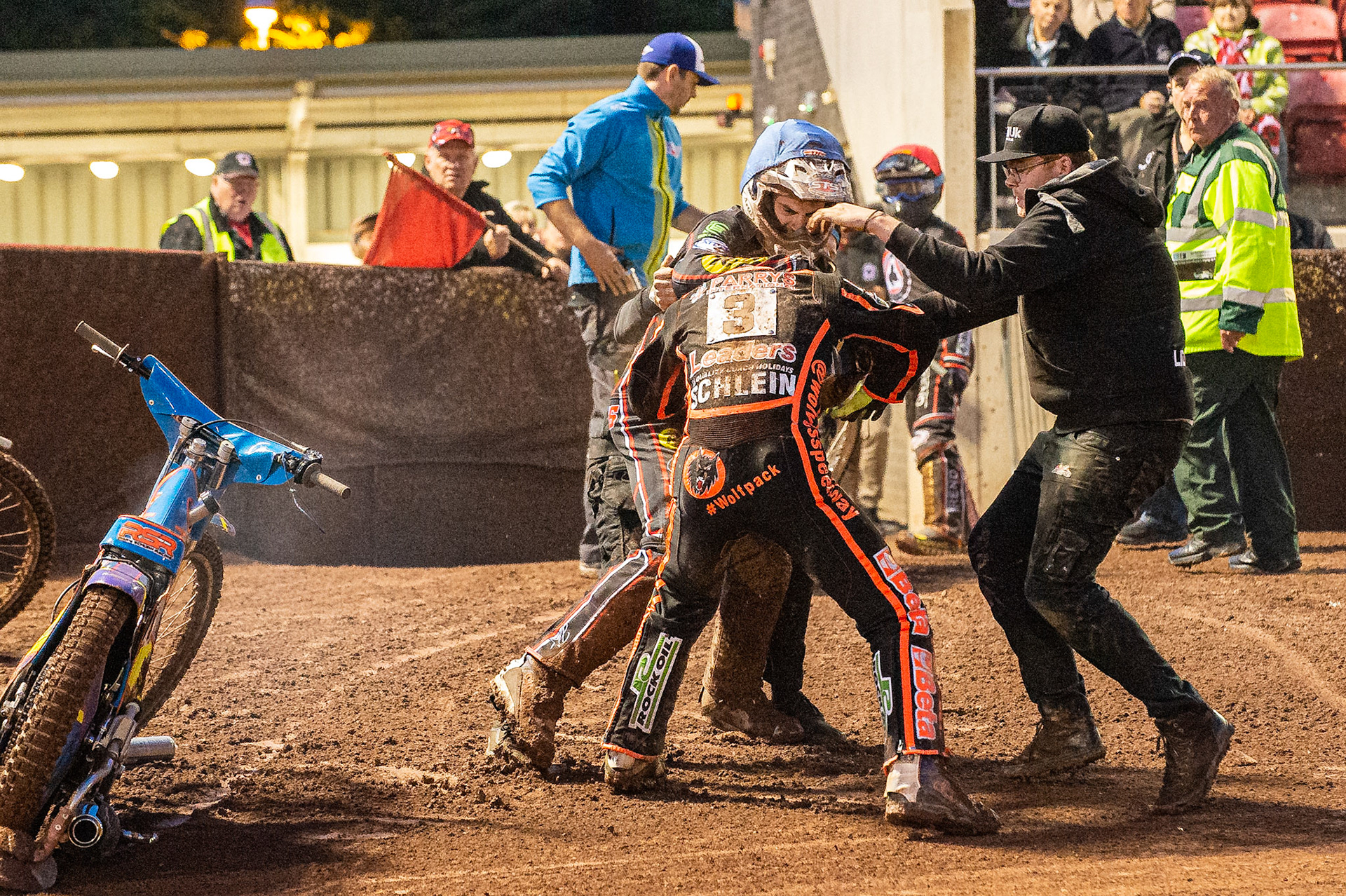 Photo by Ian Charles:

A scuffle breaks out between Rory Schlein  and Steve Worrall  after heat 10 

Belle Vue Aces v Wolverhampton Wolves, SGB Premiership, National Speedway Stadium, Manchester, Monday, 19, August, 2019
