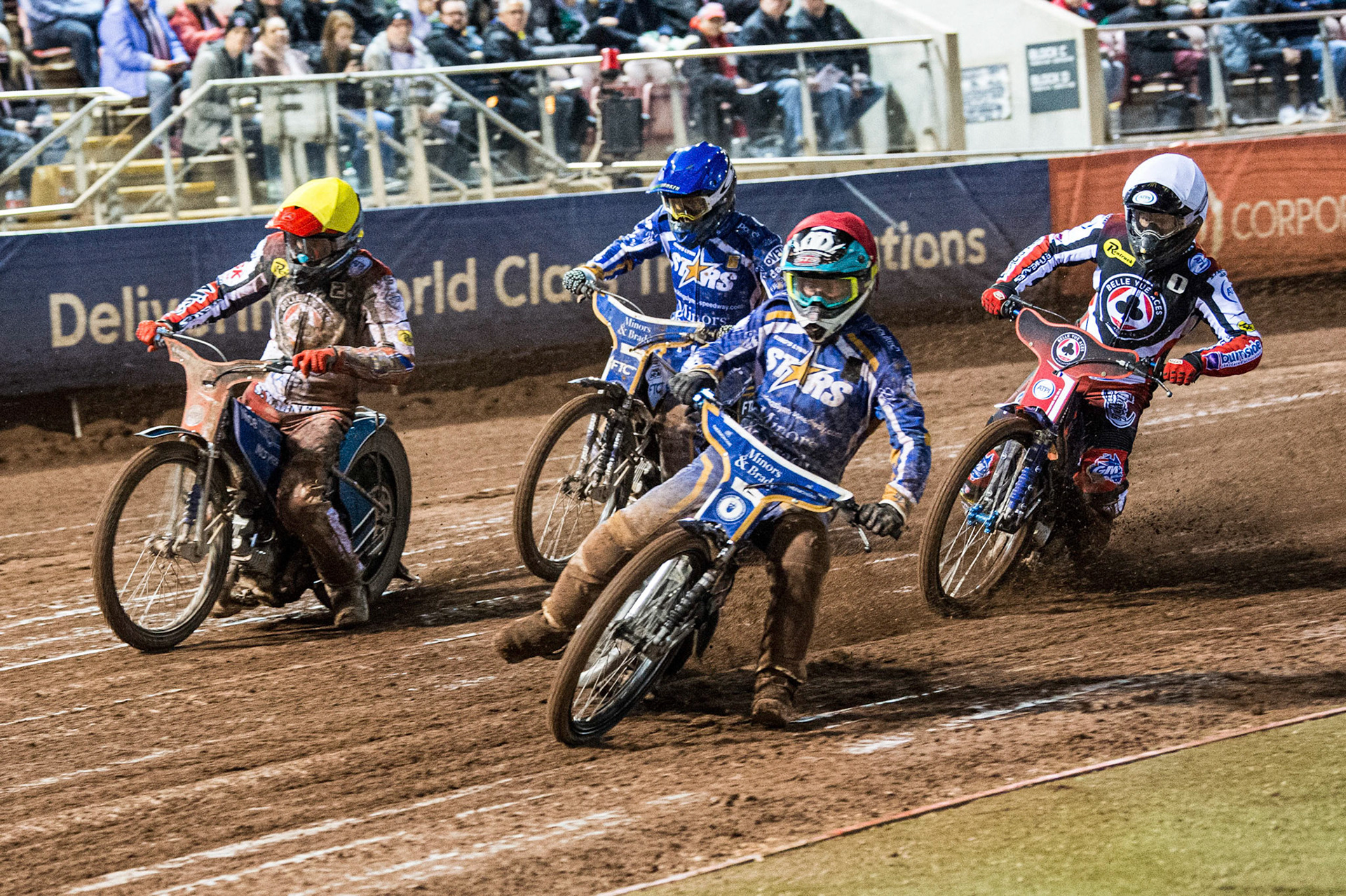 Richard Lawson (Red) leads Matej Zagar (Yellow), Fredrik Jacobsen (Blue) and Brady Kurtz (White) during the Grant Henderson Pairs at the National Speedway Stadium, Manchester on Thursday 27th October 2022. (Credit: Ian Charles | MI NEWS)