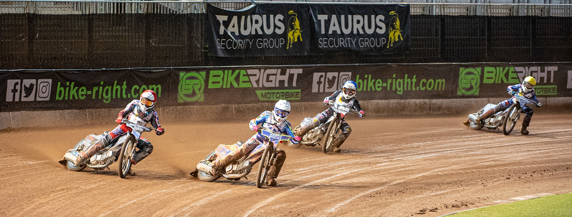 Photo: Ian CharlesJake Mulford (White) inside Harry McGurk (Red) with Archie Freeman (Blue) and Sam McGurk (Yellow) behind(500cc A Class)British Youth Speedway Championship (Round 5), National Speedway Stadium, Manchester Saturday  10  October  2020