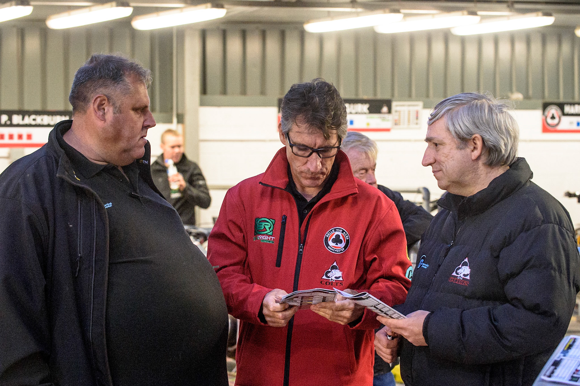 MANCHESTER, UK. JULY 29TH  Colts managers Steve Williams (left) and Graham Goodwin (right) with Belle Vue Director of Speedway Mark Lemon  during the National Development League match between Belle Vue Colts and Leicester Lion Cubs at the National Speedway Stadium, Manchester on Thursday 29th July 2021. (Credit: Ian Charles | MI News)