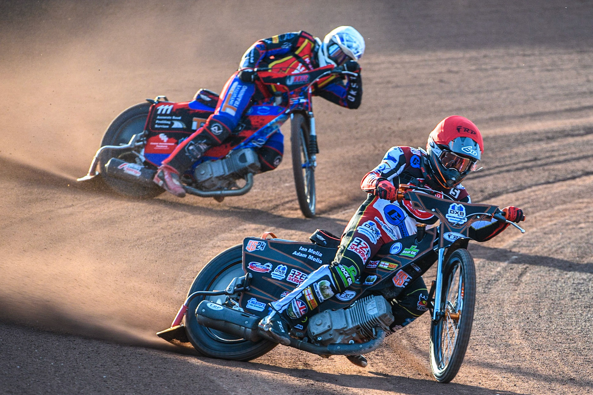 Jack Smith (Red) leads Jacob Hook (White) behind during the National Development League match between Belle Vue Colts and Kent Royals at the National Speedway Stadium, Manchester on Friday 7th July 2023. (Photo: Ian Charles | MI News)
