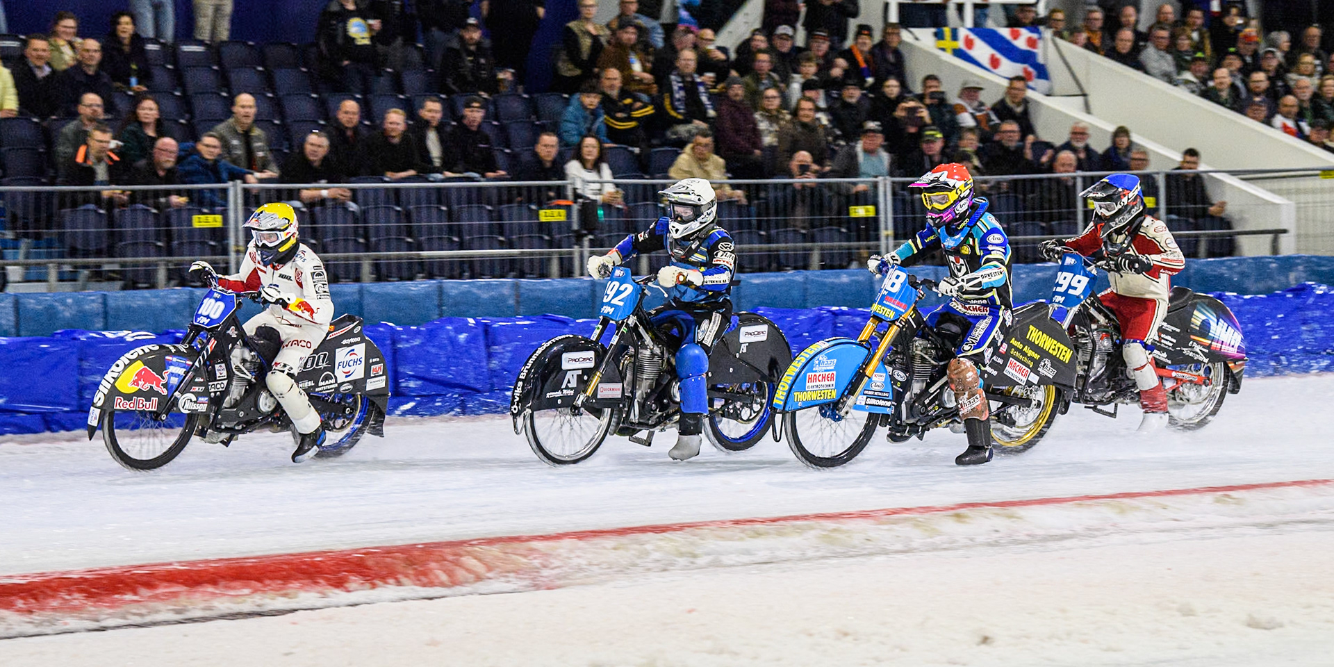 (L to R) Franky Zorn (100) of Austria in Yellow, Niclas Svensson (192) of Sweden in White, Luca Bauer (48) of Germany in Red and Martin Posch (299) of Austria in Blue during the FIM Ice Speedway Gladiators World Championship, Final 3 at the Ice Stadium, Thialf, Heerenveen on Saturday 5th April 2025. (Photo: Ian Charles | MI News)