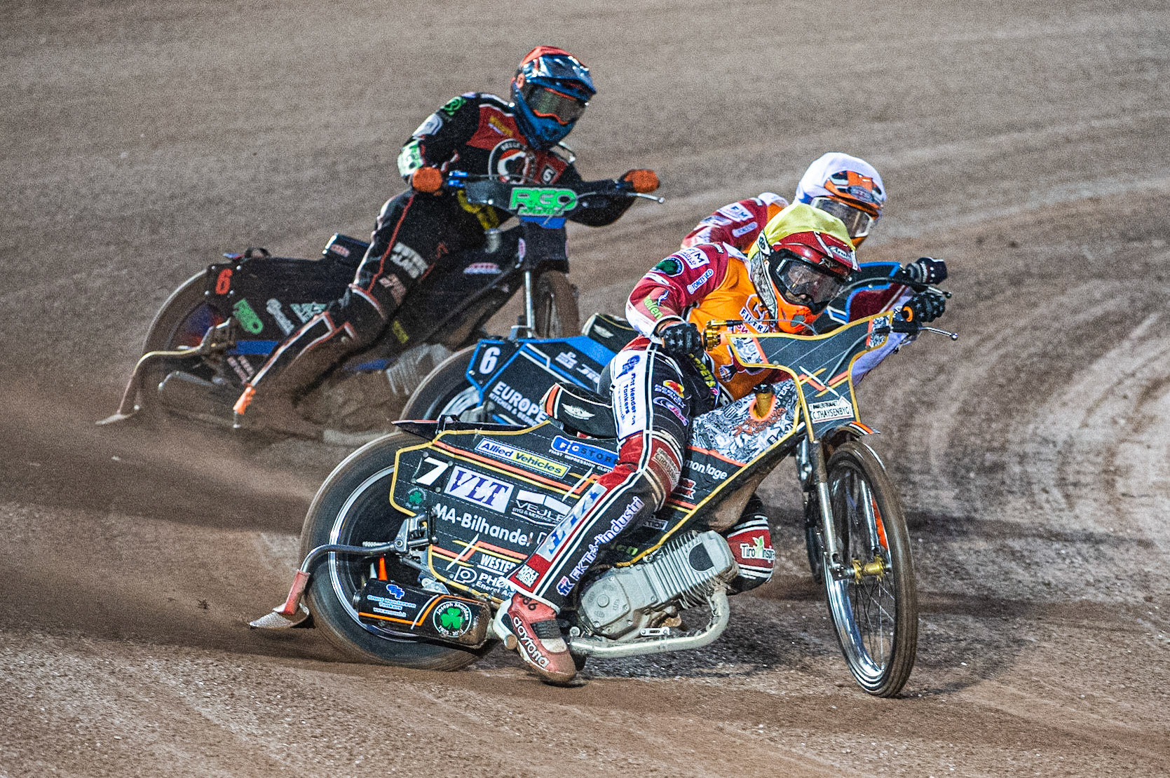 Photo by Ian Charles:

Claus Vissing  (Yellow) leads Ellis Perks  (White) and Dimitri Bergé  (Red)

Belle Vue Aces v Swindon Robins, Supporters Cup Final 1st Leg, National Speedway Stadium, Manchester, Thursday, 12, September, 2019