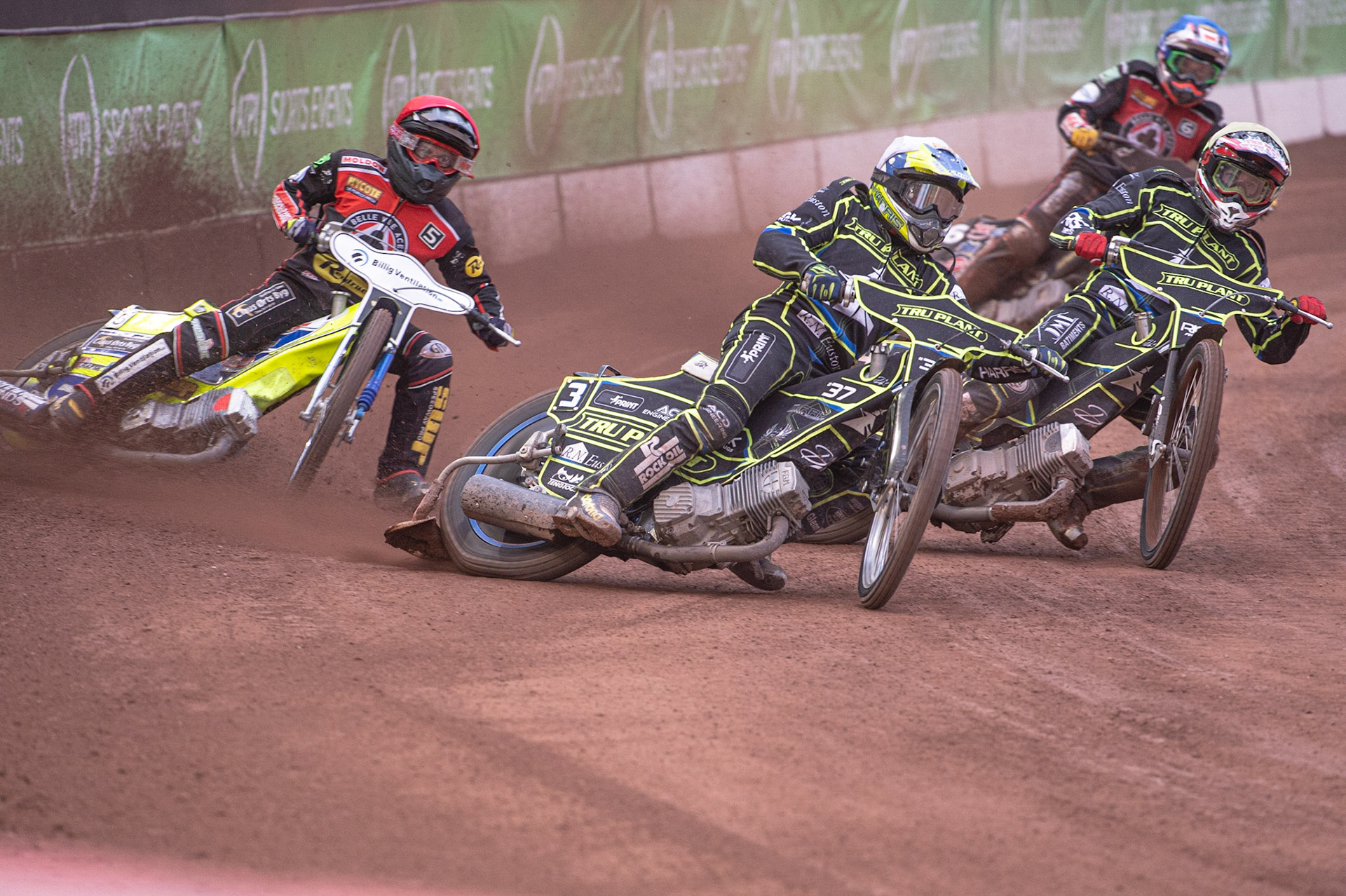 Photo: Ian Charles

Chris Harris  (White) and David Bellego  (Yellow) lead Kenneth Bjerre  (Red) and Ricky Wells  (Blue)

Belle Vue Aces v Ipswich Witches, British Speedway Premiership, Belle Vue National Speedway Stadium, Manchester, Monday 3  June  2019