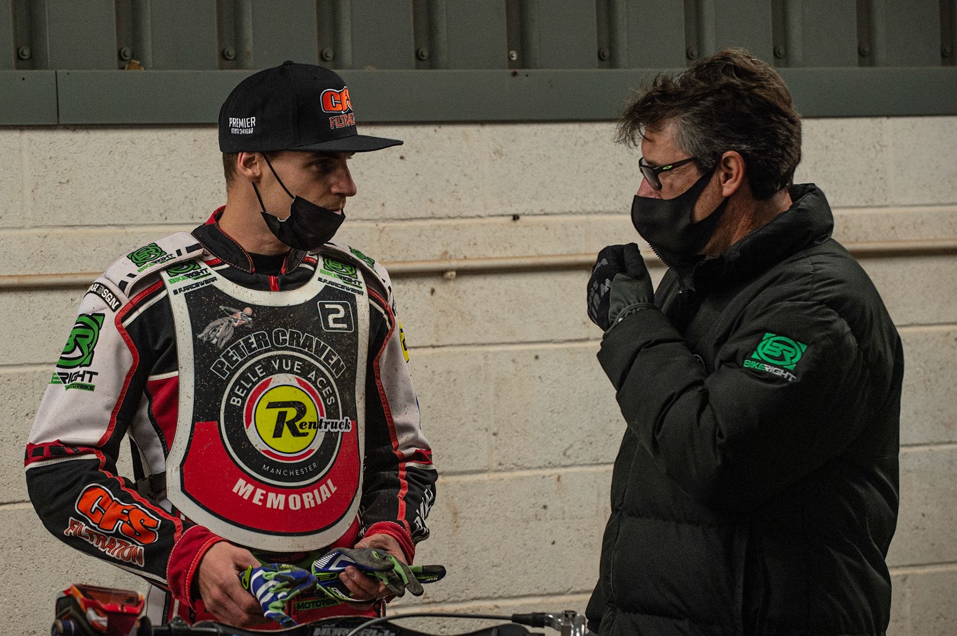 Photo: Ian CharlesSteve Worrall (left) chats with Belle Vue Director Of Speedway Mark Lemon Peter Craven Memorial Trophy, National Speedway Stadium, Manchester Thursday  22  October  2020
