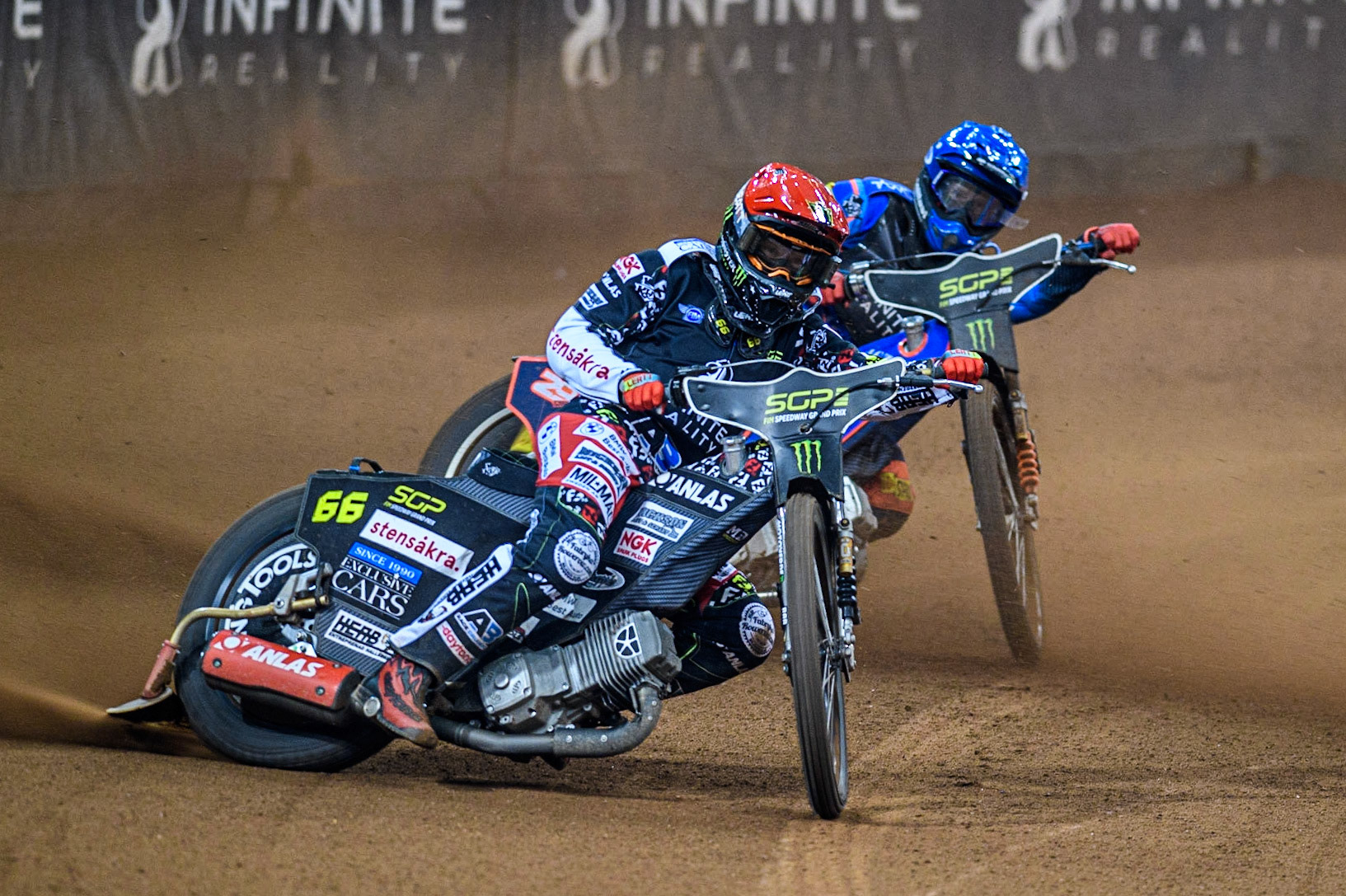 Freddie Lindgren (66) (Red) leads  Andzejs Lebedevs (29) (Blue) during the FIM Speedway Grand Prix of Great Britain at the Principality Stadium, Cardiff on Saturday 2nd September 2023. (Photo: Ian Charles | MI News)