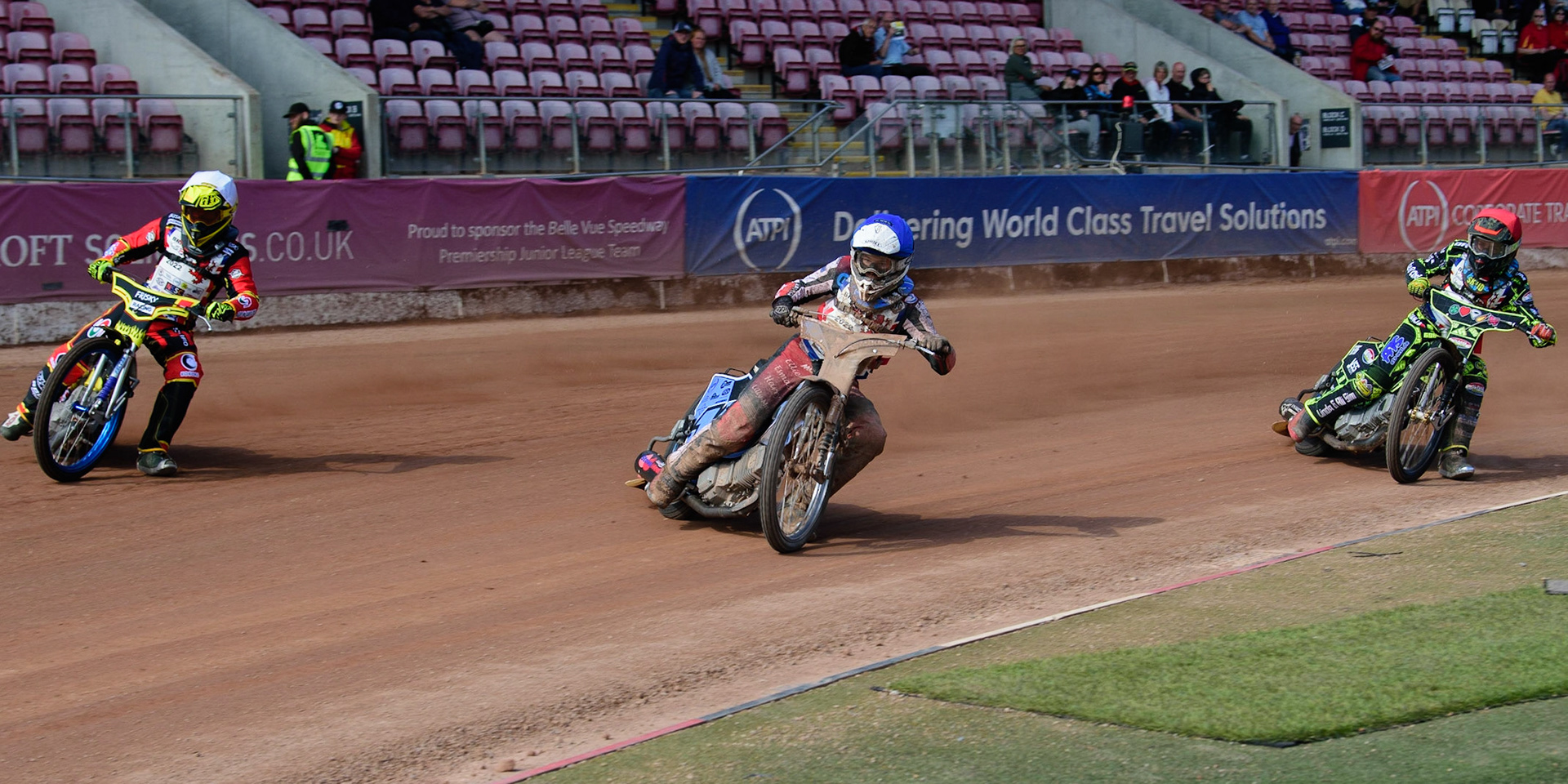 MANCHESTER, UK. JUN 3RD Sam McGurk (116) (Blue) leads Max James (54) (White) during the British Youth Speedway Championship (Round 4)  at the National Speedway Stadium, Manchester on Friday 3rd June 2022. (Credit: Ian Charles | MI News)