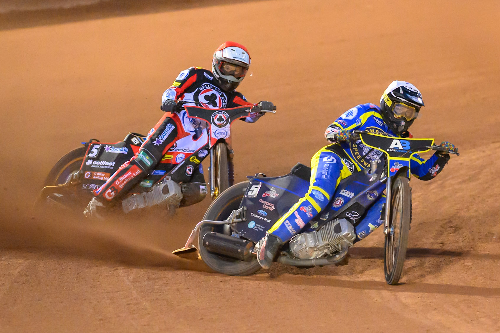 Josh Pickering of Sheffield Tigers in White leading Jason Doyle of Belle Vue Aces in Red during the Rowe Motor Oil Premiership match between Belle Vue Aces and Sheffield Tigers at the National Speedway Stadium, Manchester on Monday 14th September 2026. (Photo: Ian Charles | MI News)