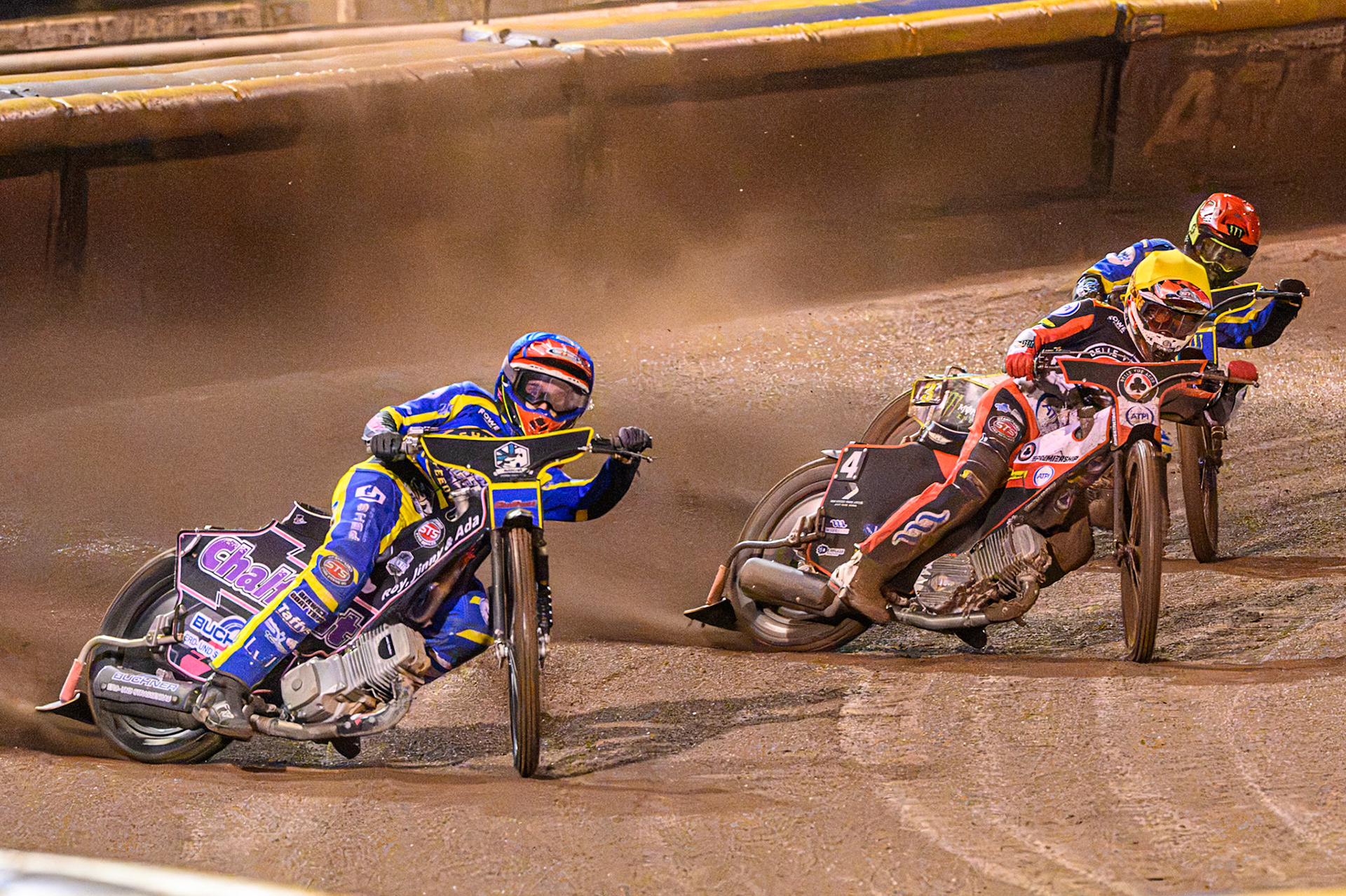 Leon Flint of Sheffield Tigers in Blue leading Zach Cook of Belle Vue Aces in Yellow  and Chris Holder of Sheffield Tigers in Red during the Rowe Motor Oil Premiership Grand Final 1st Leg match between Sheffield Tigers and Belle Vue Aces at Owlerton Stadium, Sheffield on Monday 12th October 2026. (Photo: Ian Charles | MI News)