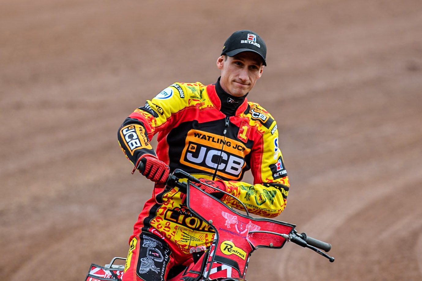 Leicester Lions' Max Fricke on the parade lap  during the Rowe Motor Oil Premiership match between Leicester Lions and Belle Vue Aces at the Pidcock Motorcycles Arena, Leicester on Thursday 25th July 2024. (Photo: Ian Charles | MI News)