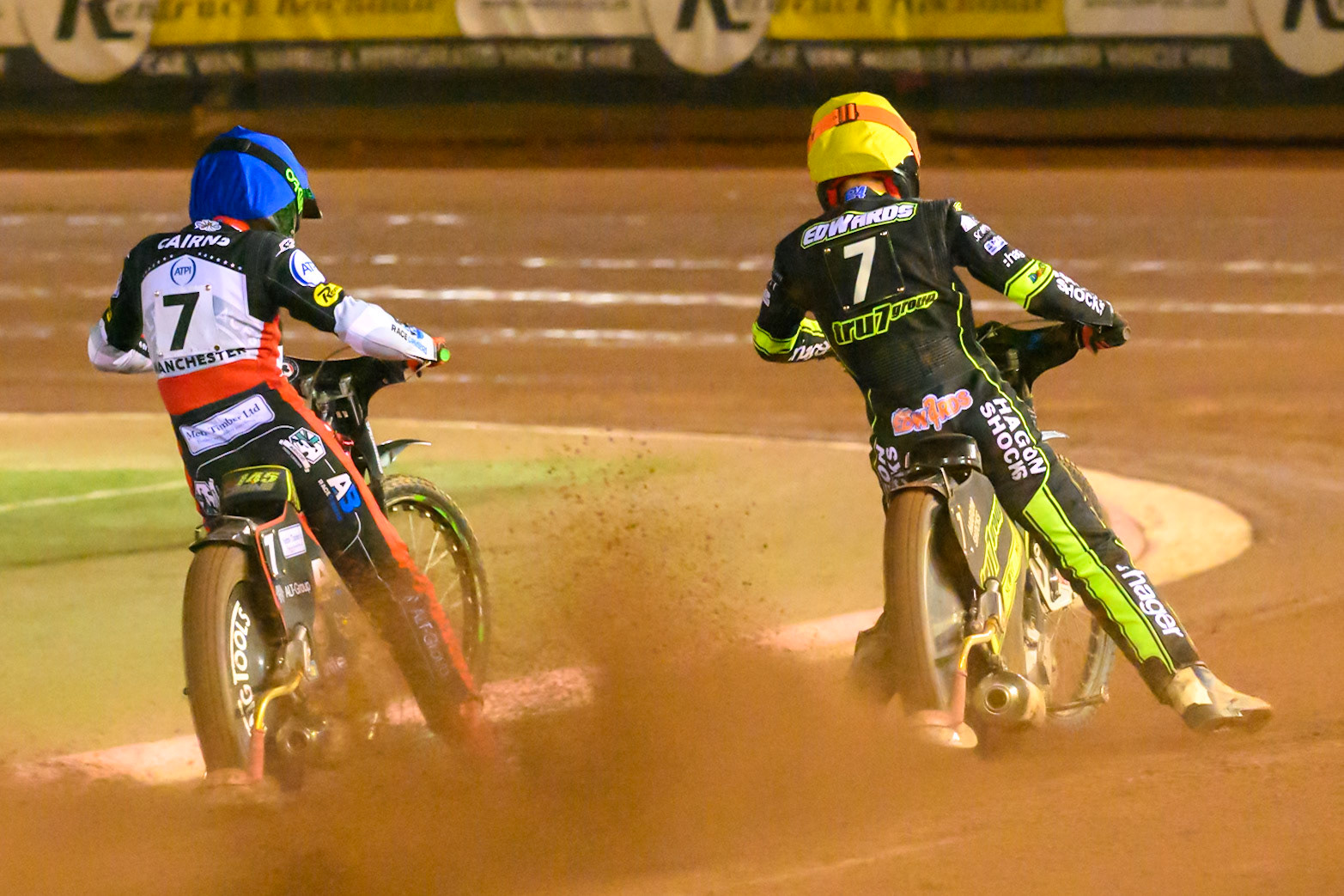 William Cairns of Belle Vue Aces in Blue  and Jason Edwards of Ipswich Witches in Yellow  leave the start line during the Rowe Motor Oil Premiership Play Off Semi Final 2nd leg match between Belle Vue Aces and Ipswich Witches at the National Speedway Stadium, Manchester on Monday 28th September 2026. (Photo: Ian Charles | MI News)