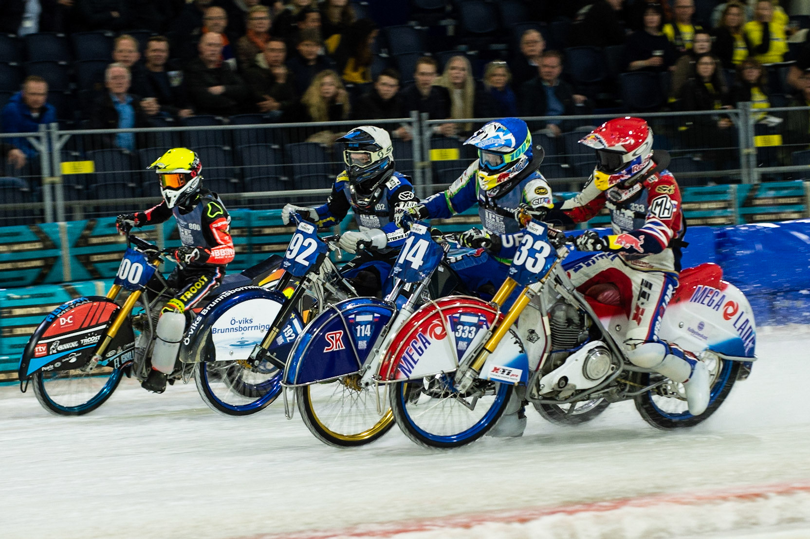 Photo: Ian Charles

The dash to the first turn in Semi Final 1: (l-r) Jasper Iwema (800) (Yellow), Niclas Svensson (192) (White), Dinar Valeev (114) (Blue) and Danil Ivanov (333) (Red)

FIM Ice Speedway Gladiators World Championship, Event 5.2, Ice Rink Thialf, Heerenveen, Netherlands Sunday  31  March  2019