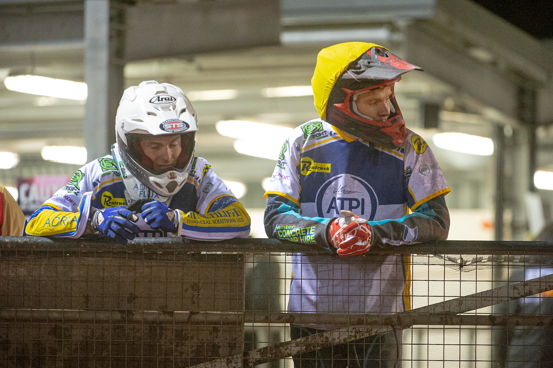 Photo: Ian CharlesLewis Kerr (left) and Josh MacDonald watch the track gradingBelle Vue ‘Bikerite ’Aces v ‘ATPI’ All Stars, Premiership Challenge, National Speedway Stadium, Manchester Thursday  24  September  2020