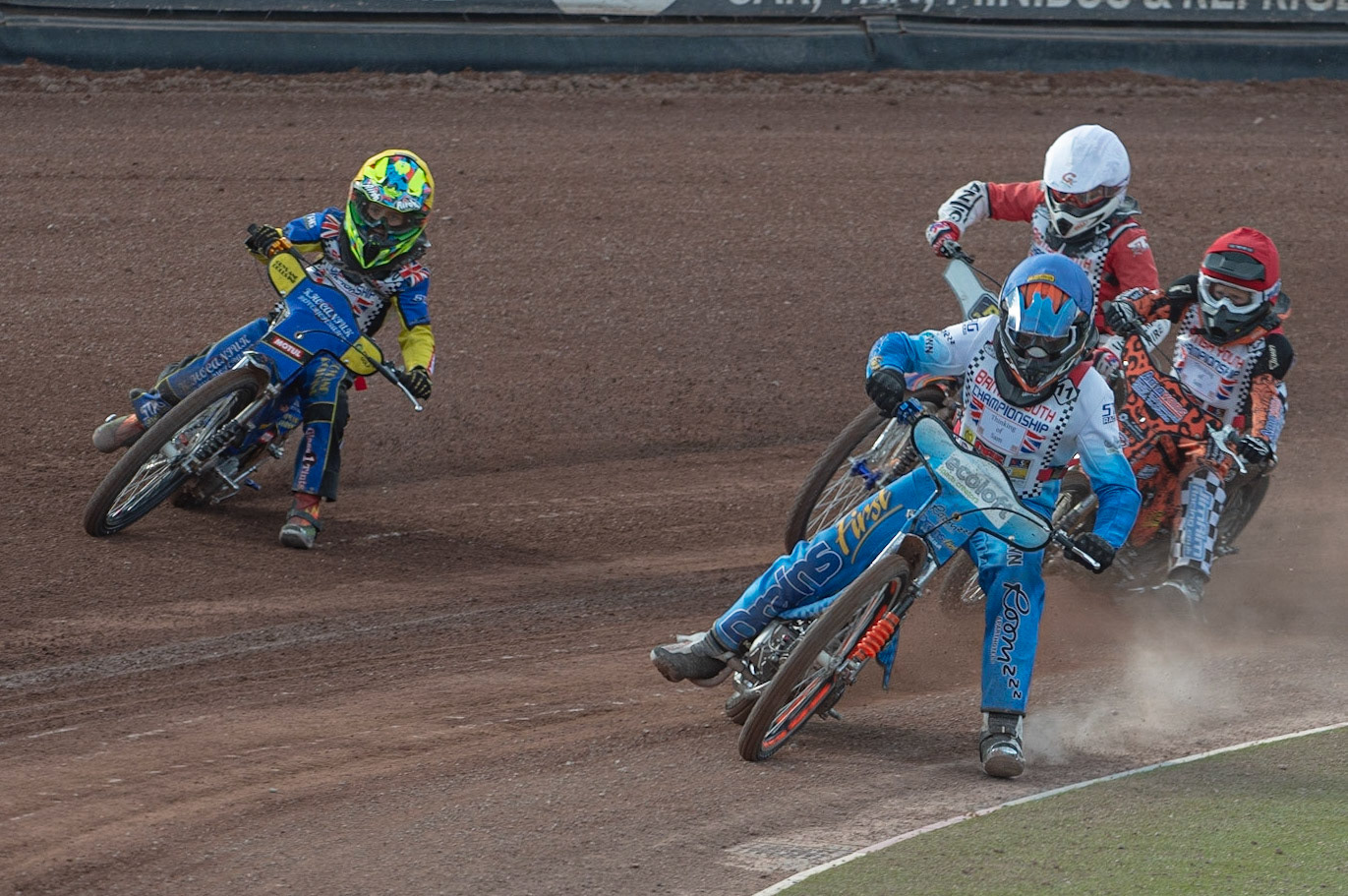 Photo: Ian Charles

Calum Gill (Blue) leads Cooper Rushen (Red) Katie Gordon (White) and William Hokaniuk (Yellow)

Summer Speed Saturday & British Youth Speedway Championship Round 5, National Speedway Stadium, Manchester, Saturday 22 June 2019