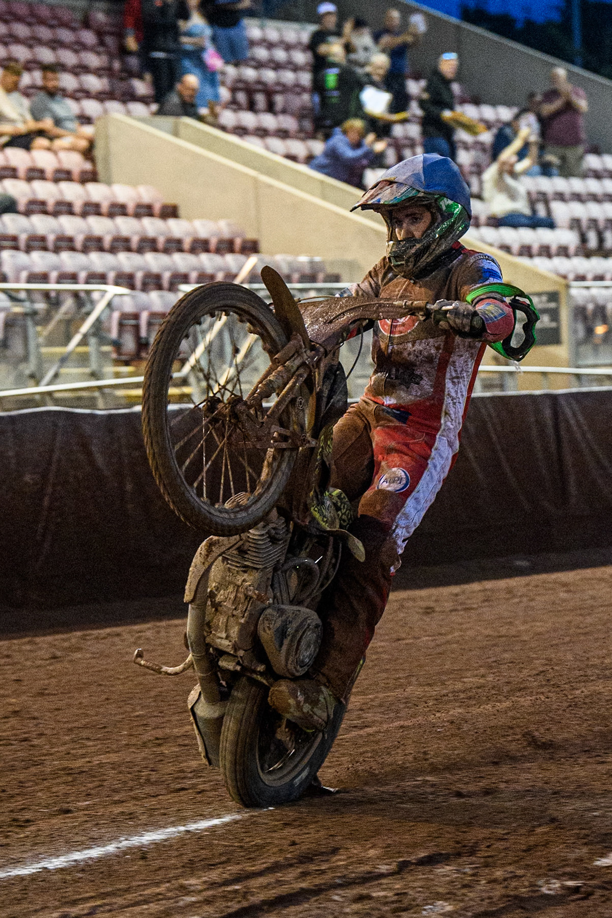 Belle Vue Colts' William Cairns  celebrates with a wheelie during the WSRA National Development League match between Belle Vue Colts and Oxford Chargers at the National Speedway Stadium, Manchester on Friday 2nd August 2024. (Photo: Ian Charles | MI News)