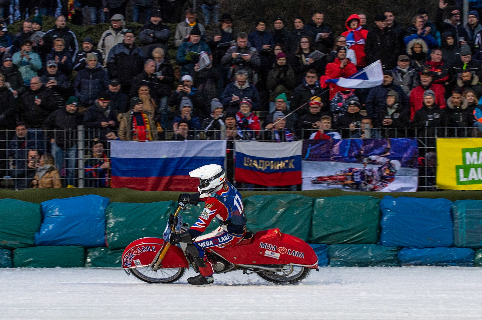 BERLIN GERMANY  - February 29  Igor Kononov gets the applause of the Russian fans   during theIce Speedway of Nations (Day 1) at the Horst-Dohm-Eisstadion, Berlin,  on Saturday 29 February 2020. (Credit: Ian Charles | MI News)