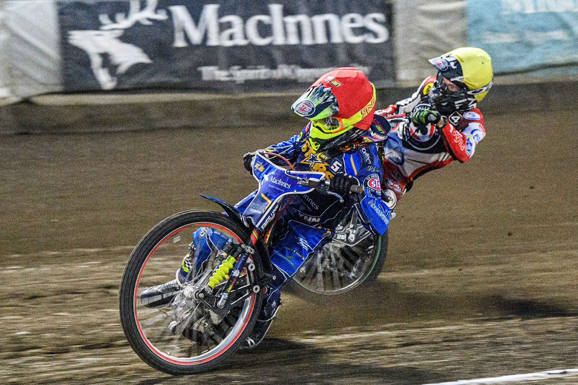 Michael Palm Toft (Red) leads Charles Wright (Yellow) during the Sports Insure Premiership match between King's Lynn Stars and Belle Vue Aces at the Adrian Flux Arena, King's Lynn on Thursday 24th August 2023. (Photo: Ian Charles | MI News)