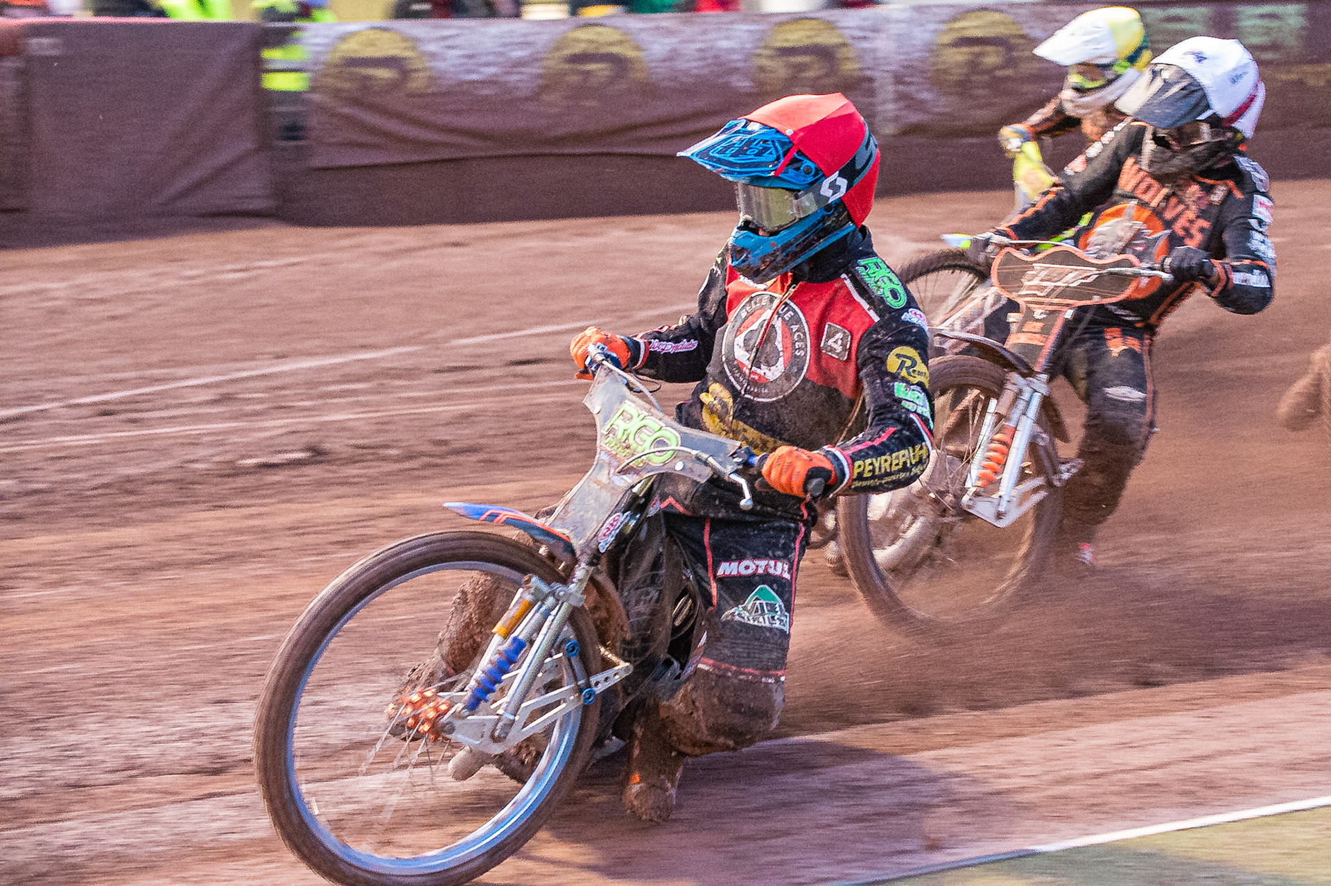 Photo by Ian Charles:


bv\ Dimitri Bergé  (Red) leads Wolverhampton Wolves  Sam Masters  (White) and Kyle Howarth  (Yellow)

Belle Vue Aces v Wolverhampton Wolves, SGB Premiership, National Speedway Stadium, Manchester, Monday, 19, August, 2019