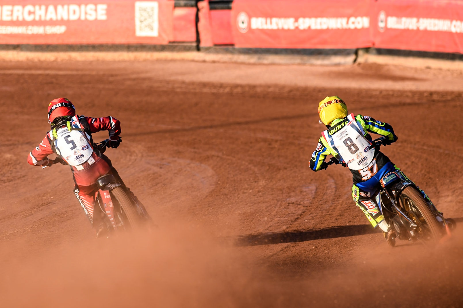 Dan Thompson in Red rides inside Connor Mountain in Yellow during the Attis Insurance Sports Division British Final at the National Speedway Stadium, Manchester on Monday 12th May 2025. (Photo: Ian Charles | MI News)