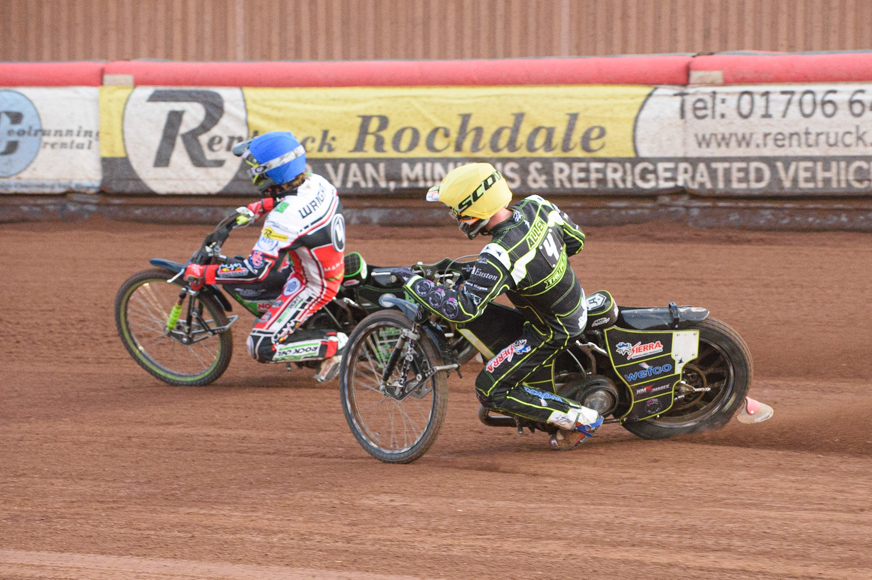 MANCHESTER, UK. JUNE 7TH   Jake Allen  (Yellow) chases Charles Wright  (Blue) during the SGB Premiership match between Belle Vue Aces and Ipswich Witches at the National Speedway Stadium, Manchester on Monday 7th June 2021. (Credit: Ian Charles | MI News)