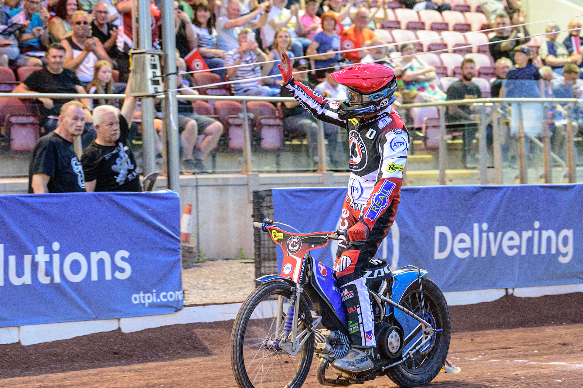 MANCHESTER UK  Matej Zagar  acknowledges the fans after his heat during the SGB Premiership match between Belle Vue Aces and King's Lynn Stars at the National Speedway Stadium, Manchester on Monday 11th July 2022. (Credit: Ian Charles | MI News)