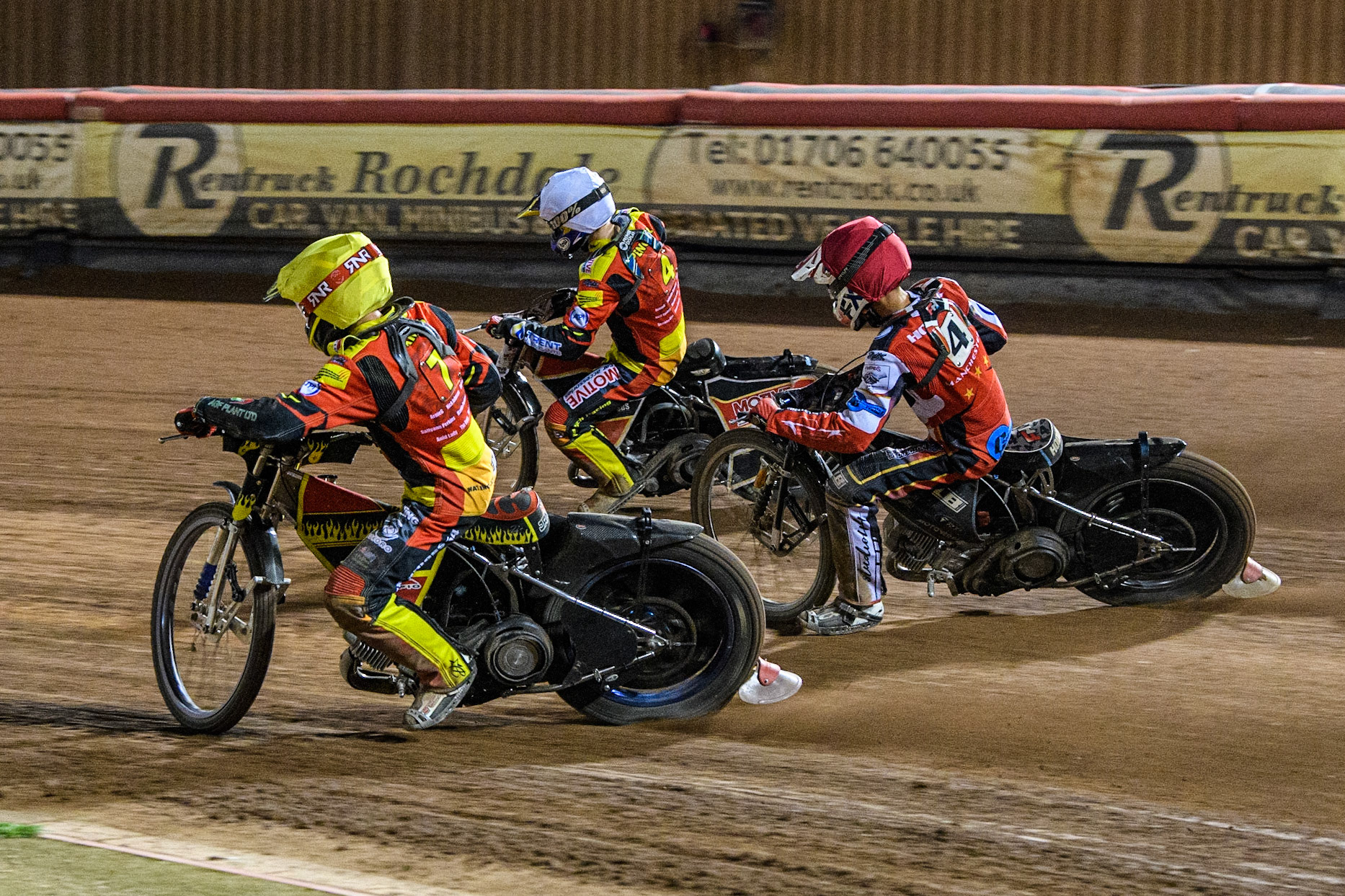 Max James (Yellow) and Tom Spencer (White) lead  Freddy Hodder (Red) during the National Development League match between Belle Vue Colts and Leicester Lion Cubs at the National Speedway Stadium, Manchester on Friday 8th September 2023. (Photo: Ian Charles | MI News)