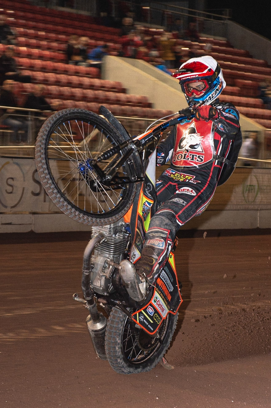 Photo: Ian Charles

Jordan Palin  pulls a wheelie 

Belle Vue Colts v Cradley Heathens, SGB National League KO Cup Semi Final 2nd Leg, Belle Vue National Speedway Stadium, Manchester, Wednesday 18  September  2019