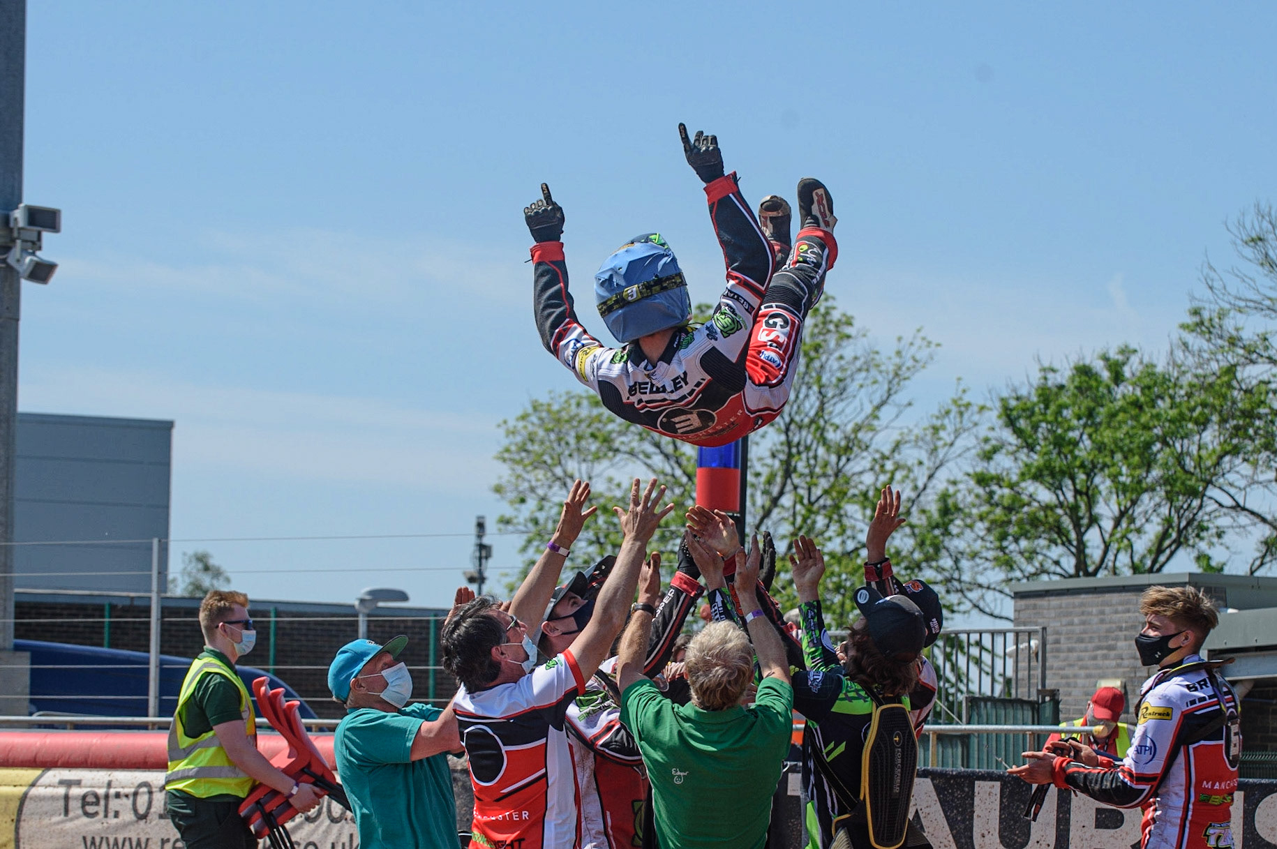 MANCHESTER, UK. MAY 31ST  Dan Bewley  gets the bumps after his first maximum of the season as Belle Vue BikeRight Aces draw 45all with Peterborough Crendon Panthers  during the SGB Premiership match between Belle Vue Aces and Peterborough at the National Speedway Stadium, Manchester on Monday 31st May 2021. (Credit: Ian Charles | MI News)