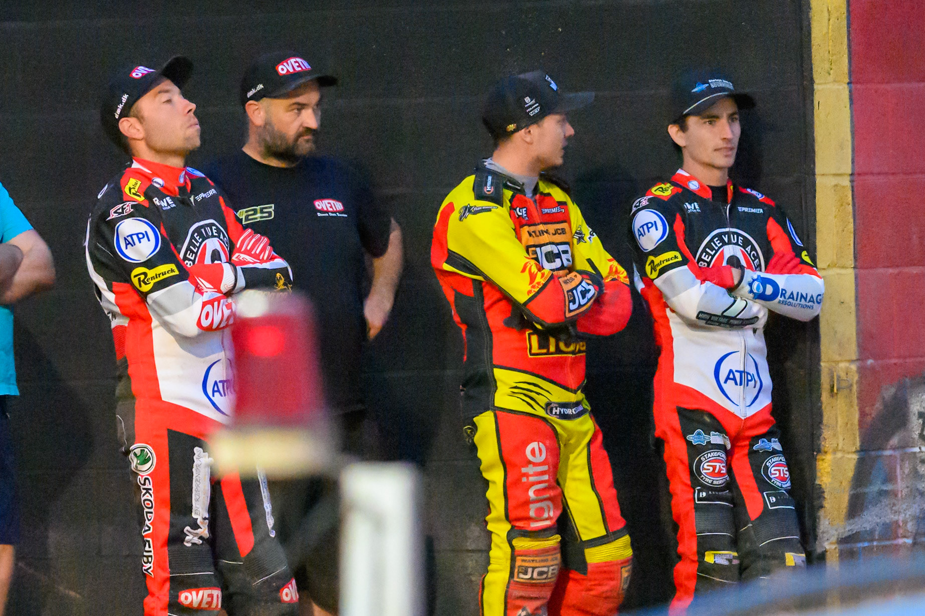 (L to R) Peter Kildemand of Belle Vue Aces, his mechanic, Nick Morris of Leicester Lions  and Zach Cook of Belle Vue Aces watch the racing during the Rowe Motor Oil Premiership match between Leicester Lions and Belle Vue Aces at the Hydroscan Arena, Leicester on Monday 7th September 2026. (Photo: Ian Charles | MI News)