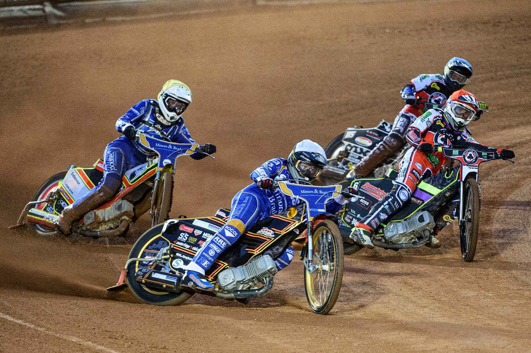MANCHESTER, UK. SEPT 13TH  Connor Mountain (White) outside Tom Brennan  (Red) and Theo Peiper (Blue) with Kasper Andersen  (Yellow) behind during the SGB Premiership match between Belle Vue Aces and King's Lynn Stars at the National Speedway Stadium, Manchester on Monday 13th September 2021. (Credit: Ian Charles | MI News)