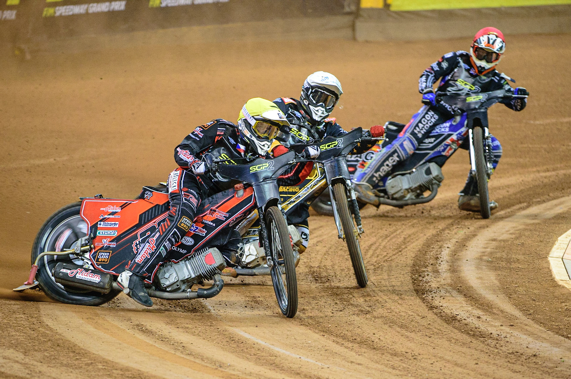 Jan Kvech (Czech Republic)  (Yellow) leads Norick Blodorn (Germany)  (White) and Jason Edwards (Great Britain) (Red) during the FIM  Speedway Grand Prix  2 of Great Britain at the Principality Stadium, Cardiff on Sunday 14th August 2022. (Credit: Ian Charles | MI News)