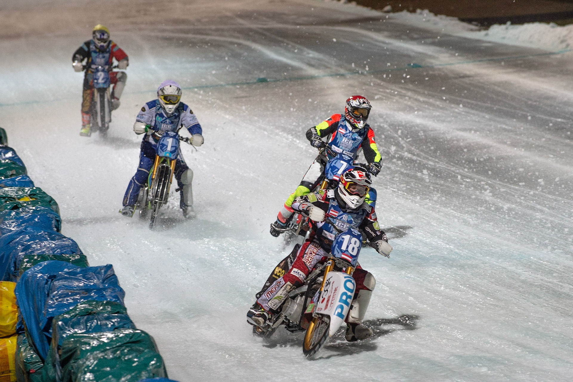 BERLIN GERMANY  - February 29 Charly Ebner (Blue) leads Harald Simon (Red) Pavel Nekrasov (White) and Vladimir Cheblokov (Yellow)   during theIce Speedway of Nations (Day 1) at the Horst-Dohm-Eisstadion, Berlin,  on Saturday 29 February 2020. (Credit: Ian Charles | MI News)