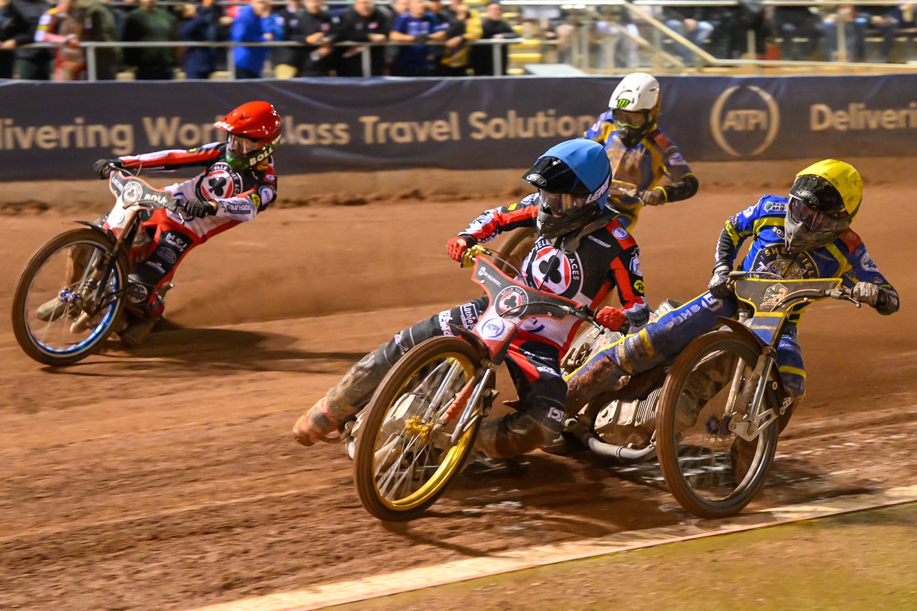 Norick Blodorn of Belle Vue Aces in Blue on the inside of Brady Kurtz of Belle Vue Aces  in Red  with Luke Killeen of Sheffield Tigers in Yellow  and Chris Holder of Sheffield Tigers in White  behind during the Rowe Motor Oil Premiership Grand Final 2nd Leg between Belle Vue Aces and Sheffield Tigers at the National Speedway Stadium, Manchester on Friday 16th October 2026. (Photo: Ian Charles | MI News)