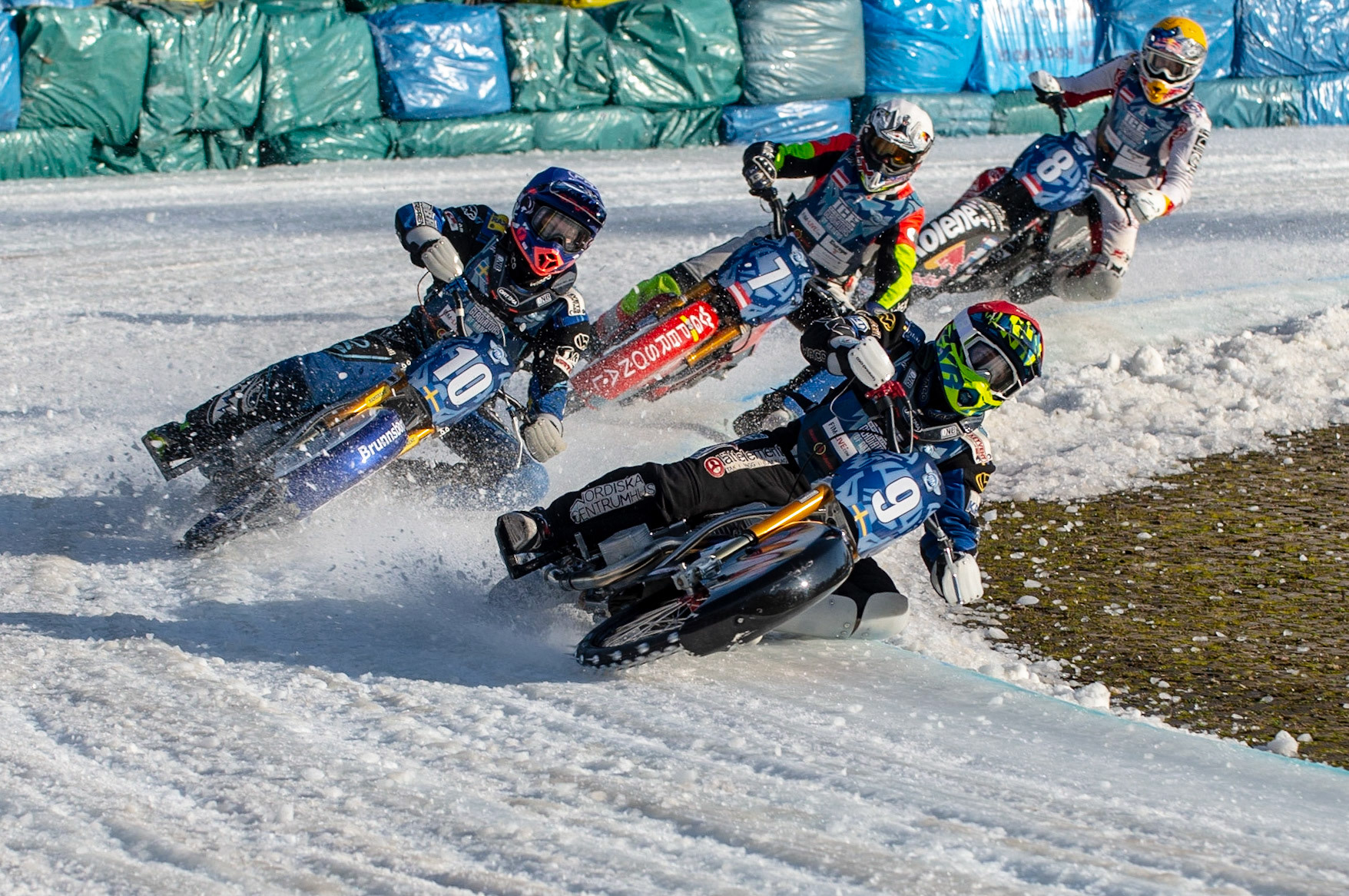 BERLIN GERMANY  - March 1  Martin Haarahiltunen (Red) and Niclas Svensson (Blue) of Sweden lead Harald Simon (White) and Franky Zorn (Yellow) of Austria  during the Ice Speedway of Nations at the Horst-Dohm-Eisstadion, Berlin,  on Sunday 1 March 2020. (Credit: Ian Charles | MI News)