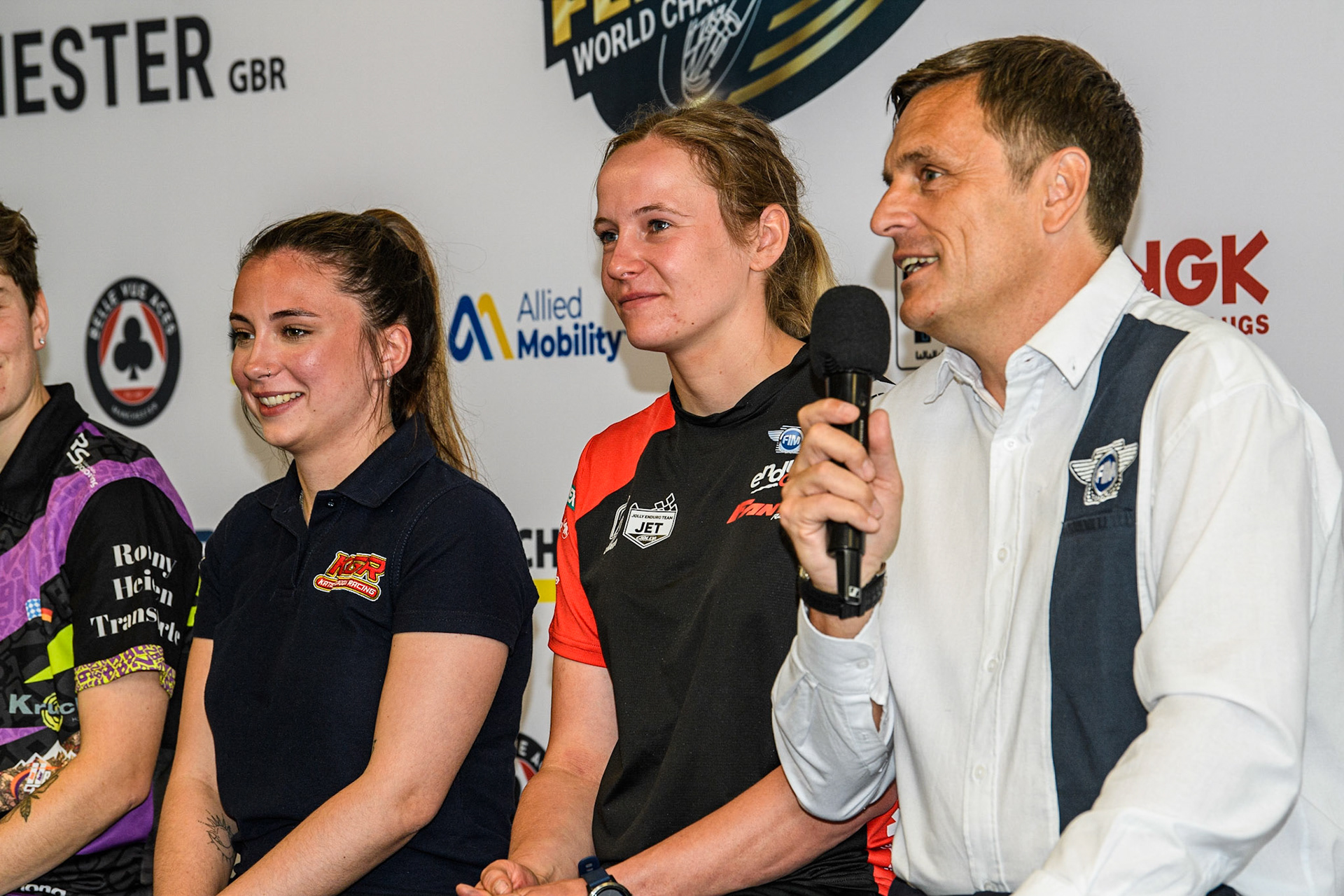 (l - r) Katie Gordon Jane Daniels and Phil Morris during the FIM Flat Track World Championship &amp; FIM Women's Speedway Academy Launch at the National Speedway Stadium, Manchester on Monday 3rd July 2023. (Photo: Ian Charles | MI News)