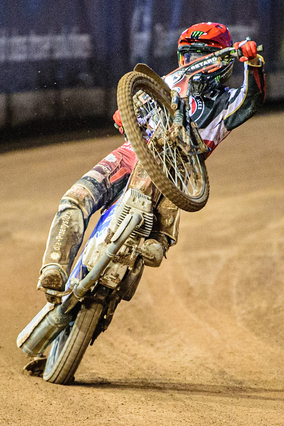 Dan Bewley celebrates his heat win with a wheelie during the SGB Premiership match between Belle Vue Aces and Sheffield Tigers at the National Speedway Stadium, Manchester on Monday 27th March 2023. (Photo: Ian Charles | MI News)
