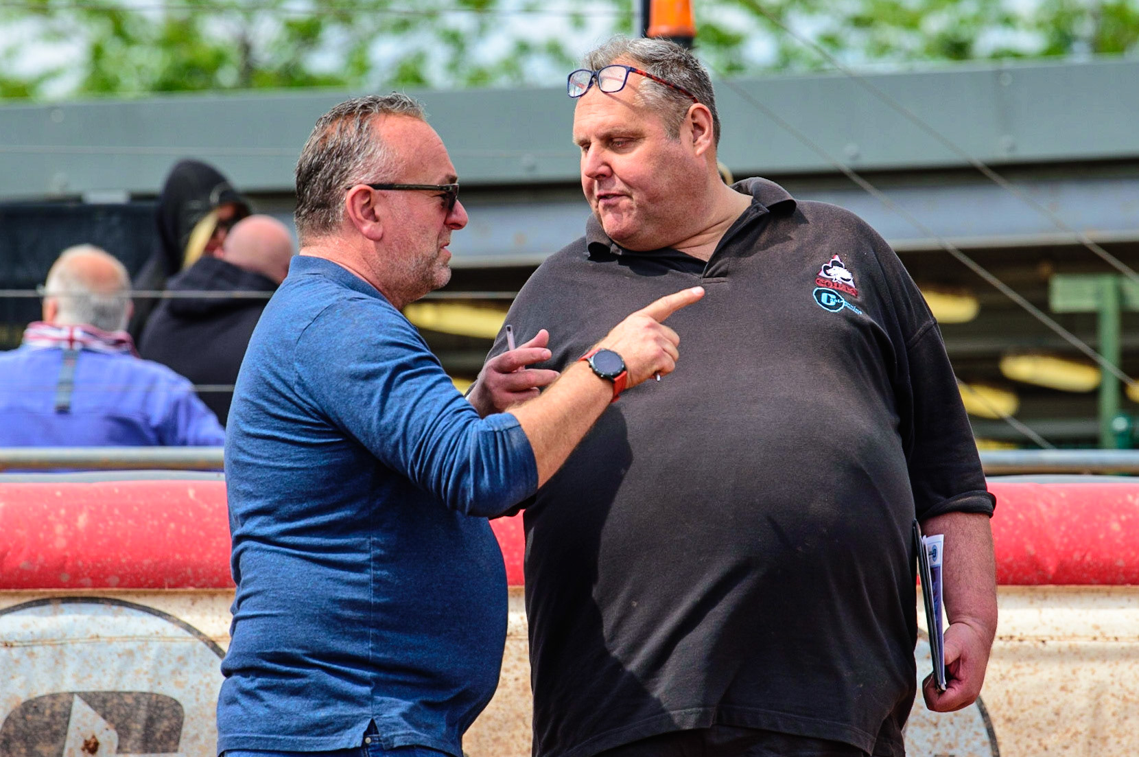 MANCHESTER, UK.  JUN 3RD  Oxford Chargers  team manager Peter Schroeck (left) chats with Belle Vue Cool Running Colts  manager Steve Williams during the National Development League match between Belle Vue Colts and Oxford Chargers at the National Speedway Stadium, Manchester on Friday 3rd June 2022. (Credit: Ian Charles | MI News)
