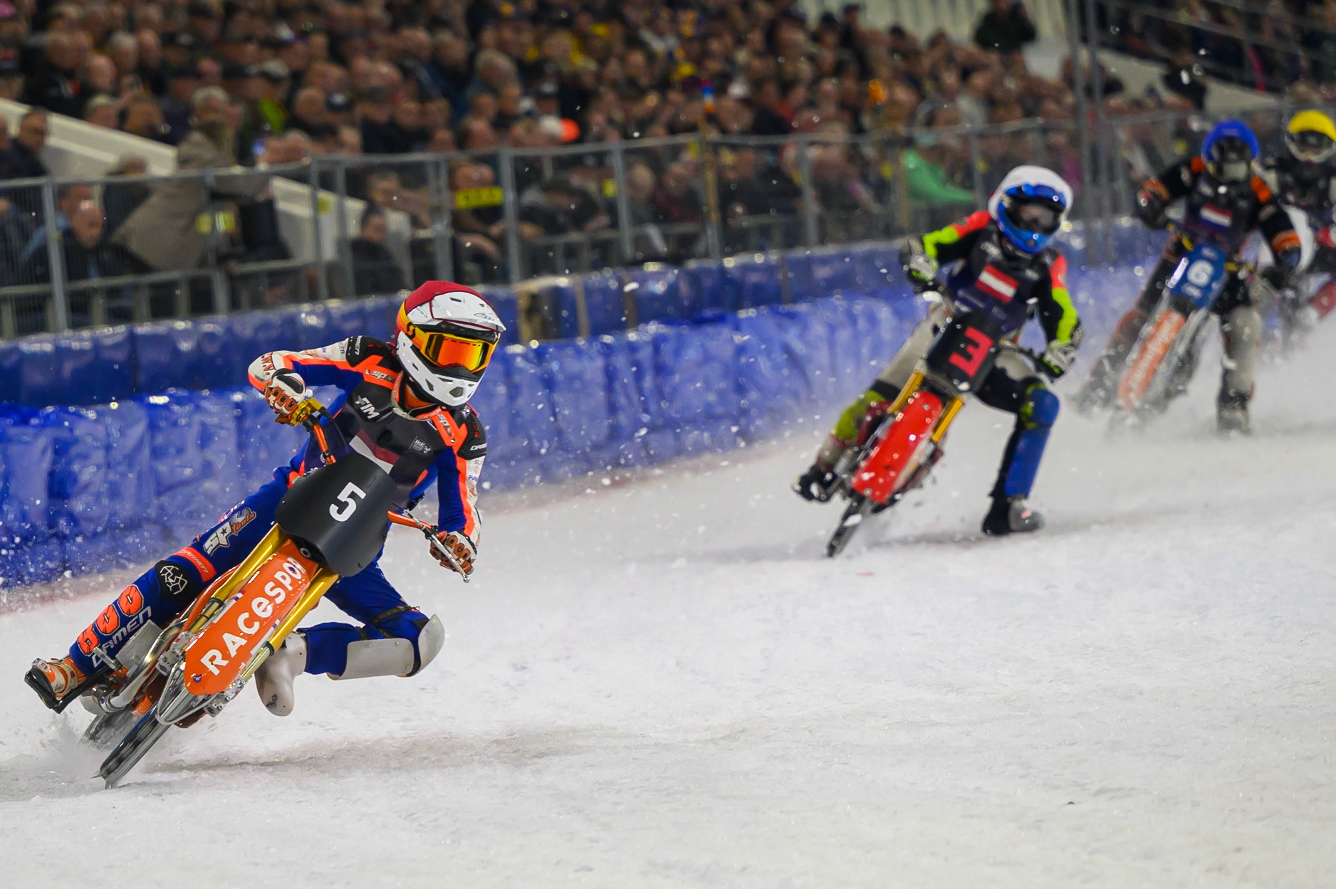 Jasper Iwema (5) of The Netherlands  in Red leading Harald Simon (3) of Austria   in White and Sebastian Reitsma (6) of The Netherlands  in Blue during the FIM Ice Speedway Of Nations at Ice Rink Thialf, Heerenveen on Sunday 12th April 2026. (Photo: Ian Charles | MI News)