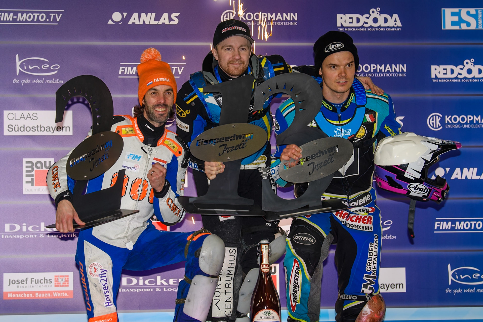 Sunday Top 3: (L to R) Jasper Iwema (2nd), Martin Haarahiltunen (1st), Luca Bauer (3rd) during the Ice Speedway Gladiators World Championship Final 2 at Max-Aicher-Arena, Inzell on Sunday 16th March 2025. (Photo: Ian Charles | MI News)
