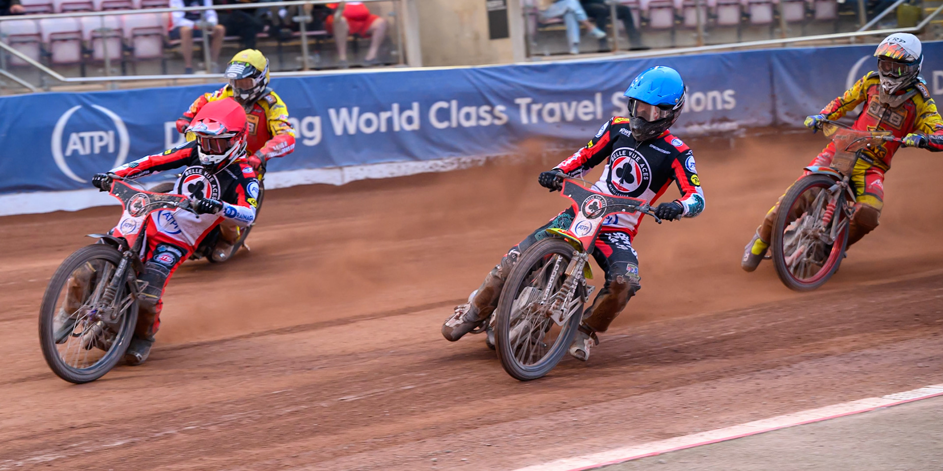 Zach Cook of Belle Vue Aces in Red leading Tate Zischke of Belle Vue Aces in Blue Joe Thompson of Leicester Lions in Yellow and Drew Kemp of Leicester Lions in White during the Rowe Motor Oil Premiership match between Belle Vue Aces and Leicester Lions at the National Speedway Stadium, Manchester on Monday 15th June 2026. (Photo: Ian Charles | MI News)