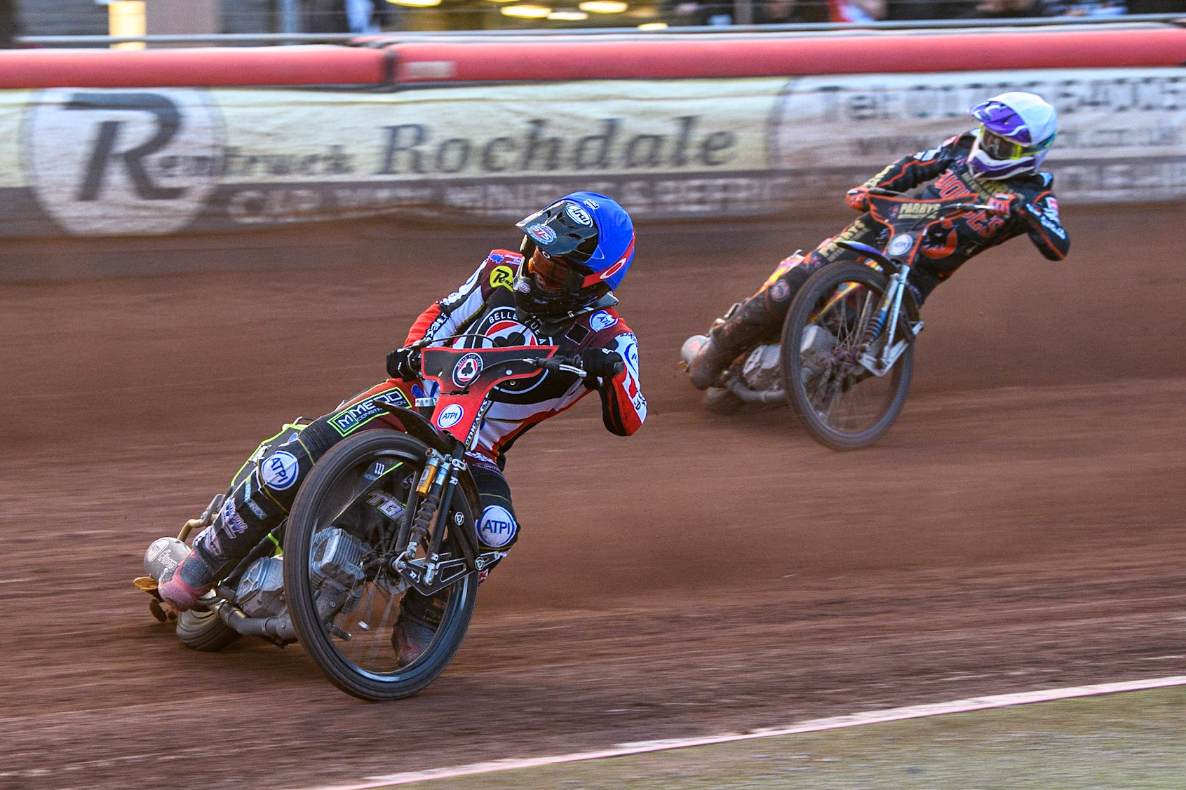 Tom Brennan (Blue) leads Rory Schlein (White) during the Sports Insure Premiership match between Belle Vue Aces and Wolverhampton Wolves at the National Speedway Stadium, Manchester on Monday 3rd July 2023. (Photo: Ian Charles | MI News)