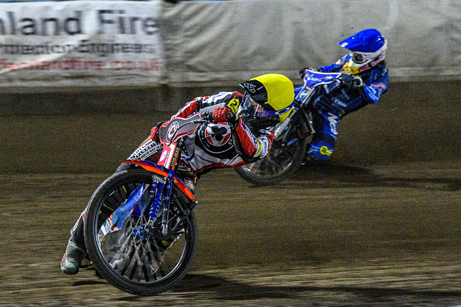 Brady Kurtz (Yellow) leads  Robert Lambert  (Blue) during the Sports Insure Premiership match between King's Lynn Stars and Belle Vue Aces at the Adrian Flux Arena, King's Lynn on Thursday 24th August 2023. (Photo: Ian Charles | MI News)