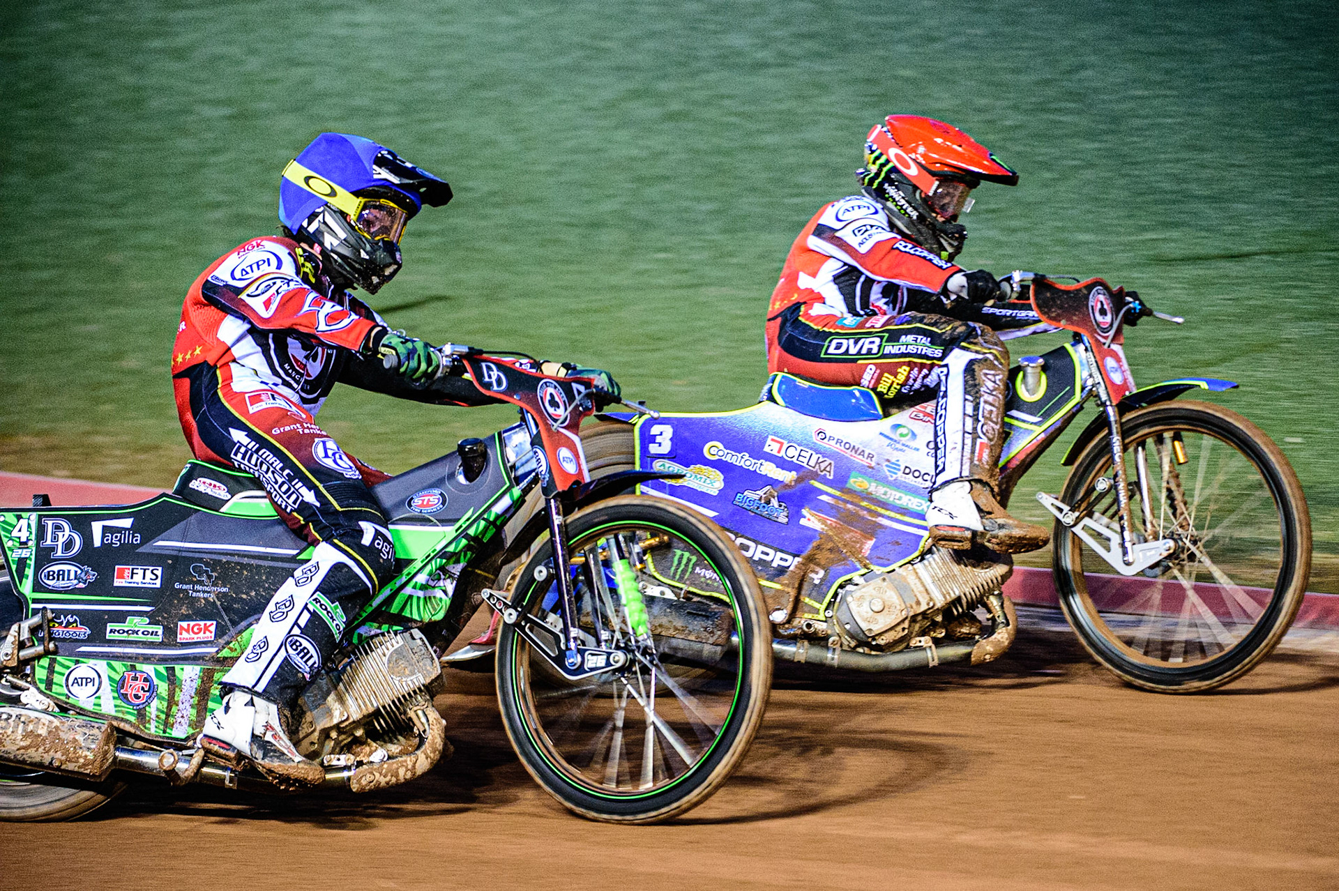 Charles Wright (Blue) outside team mate Jaimon Lidsey  (Red) during the SGB Premiership match between Belle Vue Aces and Sheffield Tigers at the National Speedway Stadium, Manchester on Monday 27th March 2023. (Photo: Ian Charles | MI News)