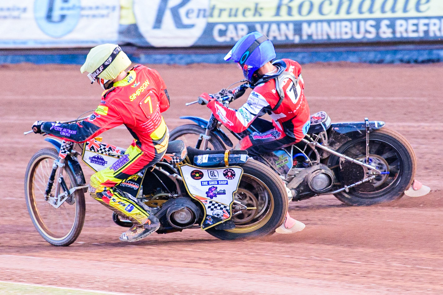 Mickie Simpson  (Yellow) inside Freddy Hodder (Blue) during the National Development League match between Belle Vue Aces and Leicester Lions at the National Speedway Stadium, Manchester on Friday 19th August 2022. (Credit: Ian Charles | MI News)