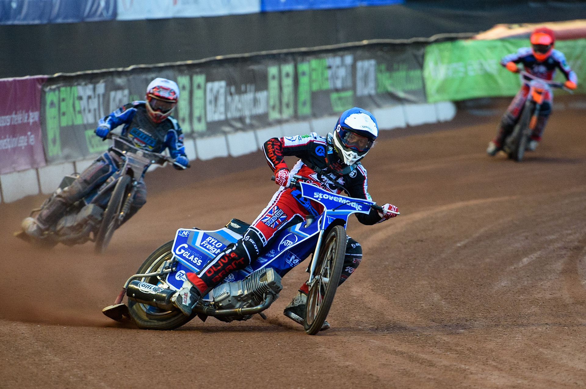 MANCHESTER, UK. MAY 28TH  Harry McGurk   (Blue) leads Greg Blair (White)  behind during the SGB National Development League match between Belle Vue Colts and Berwick Bullets at the National Speedway Stadium, Manchester on Friday 28th May 2021. (Credit: Ian Charles | MI News)