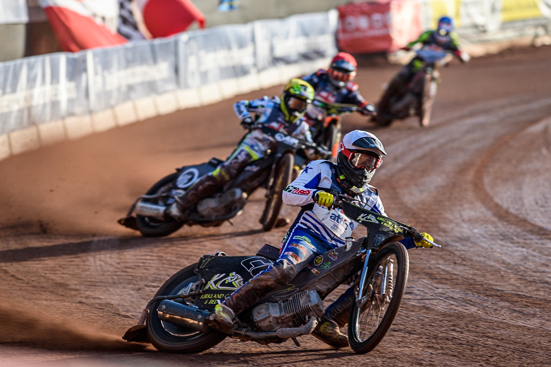 Craig Cook in White leading Lewis Kerr in Yellow, Jordan Jenkins in Red and Drew Kemp in Blue during the Attis Insurance Sports Division British Speedway Championship Final at the National Speedway Stadium, Manchester on Saturday 8th June 2024. (Photo: Ian Charles | MI News)