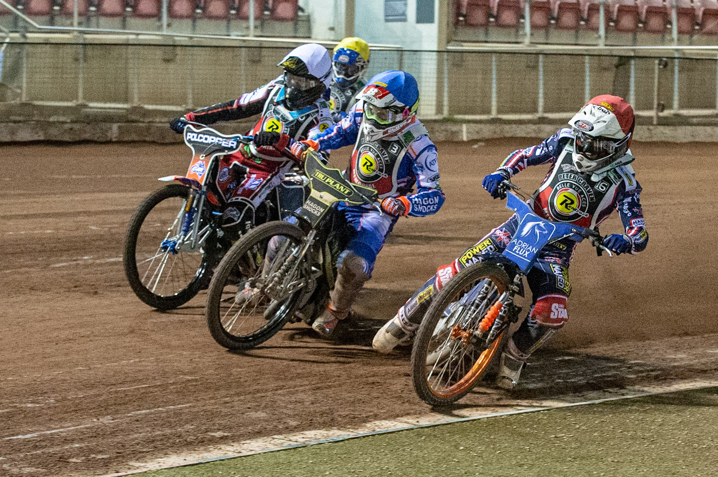 Photo: Ian CharlesLewis Kerr (Red) inside Jason Crump (Blue) and Brady Kurtz (White) with Richie Worrall (Yellow) behind Peter Craven Memorial Trophy, National Speedway Stadium, Manchester Thursday  22  October  2020